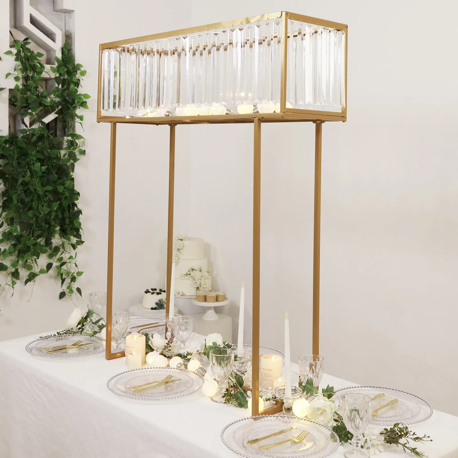 Crystal Pendant Flower Stand, Gold Metal Centerpiece Vase – 48" Tall Rectangular Display Rack - Image 6
