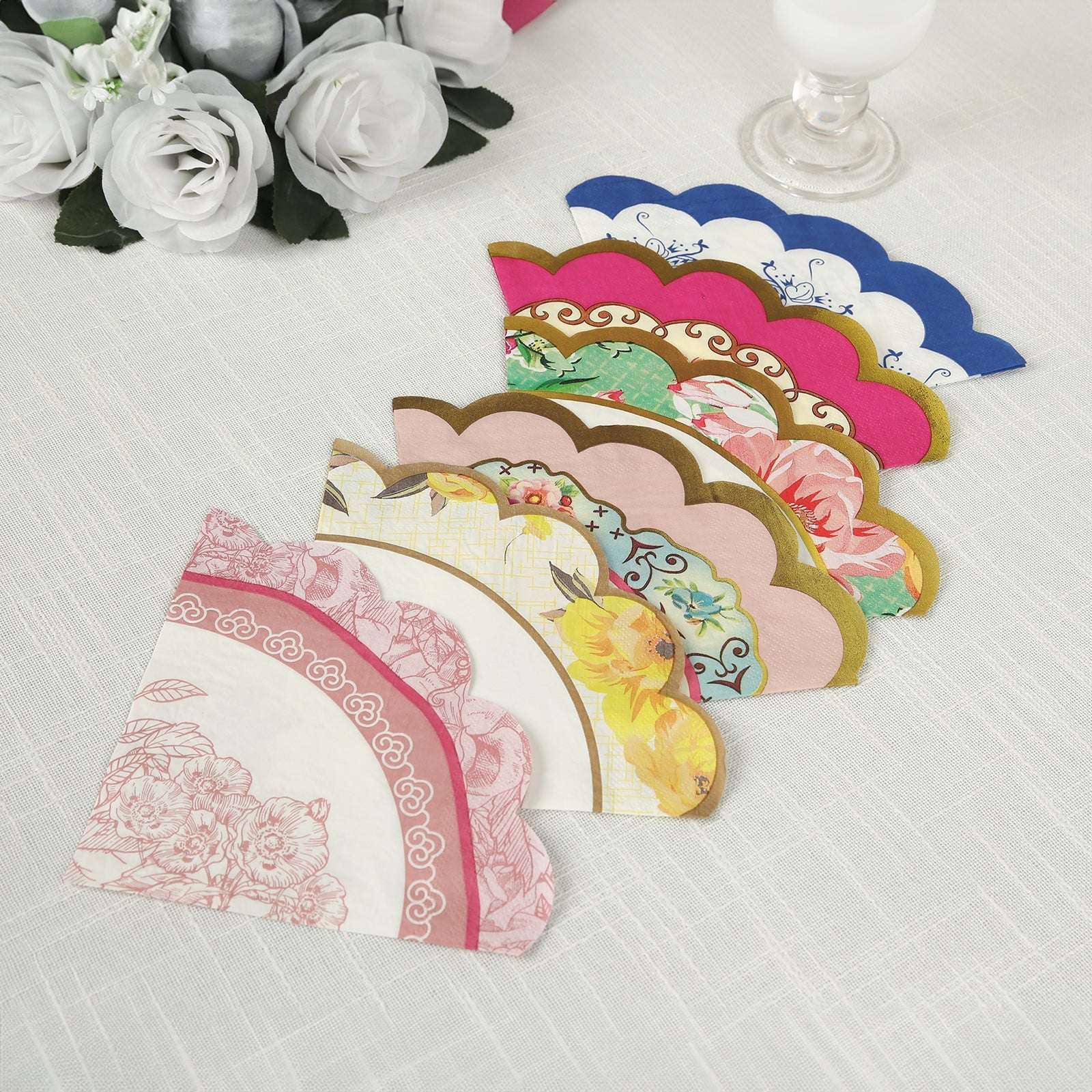 48-Pack Round Paper Cocktail Napkins 2 Ply with Vintage Floral Mixed Design and Scalloped Edges 6.25"x6.25" - Disposable Beverage Napkins - Image 3