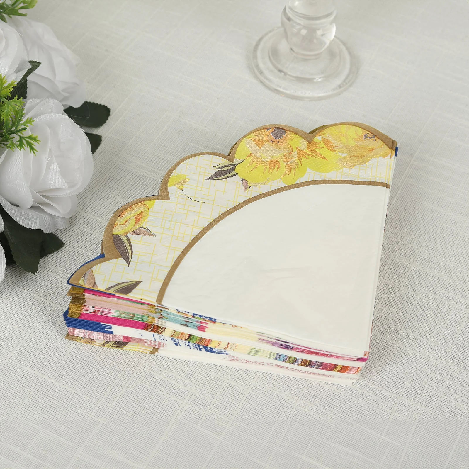48-Pack Round Paper Cocktail Napkins 2 Ply with Vintage Floral Mixed Design and Scalloped Edges 6.25"x6.25" - Disposable Beverage Napkins - Image 4