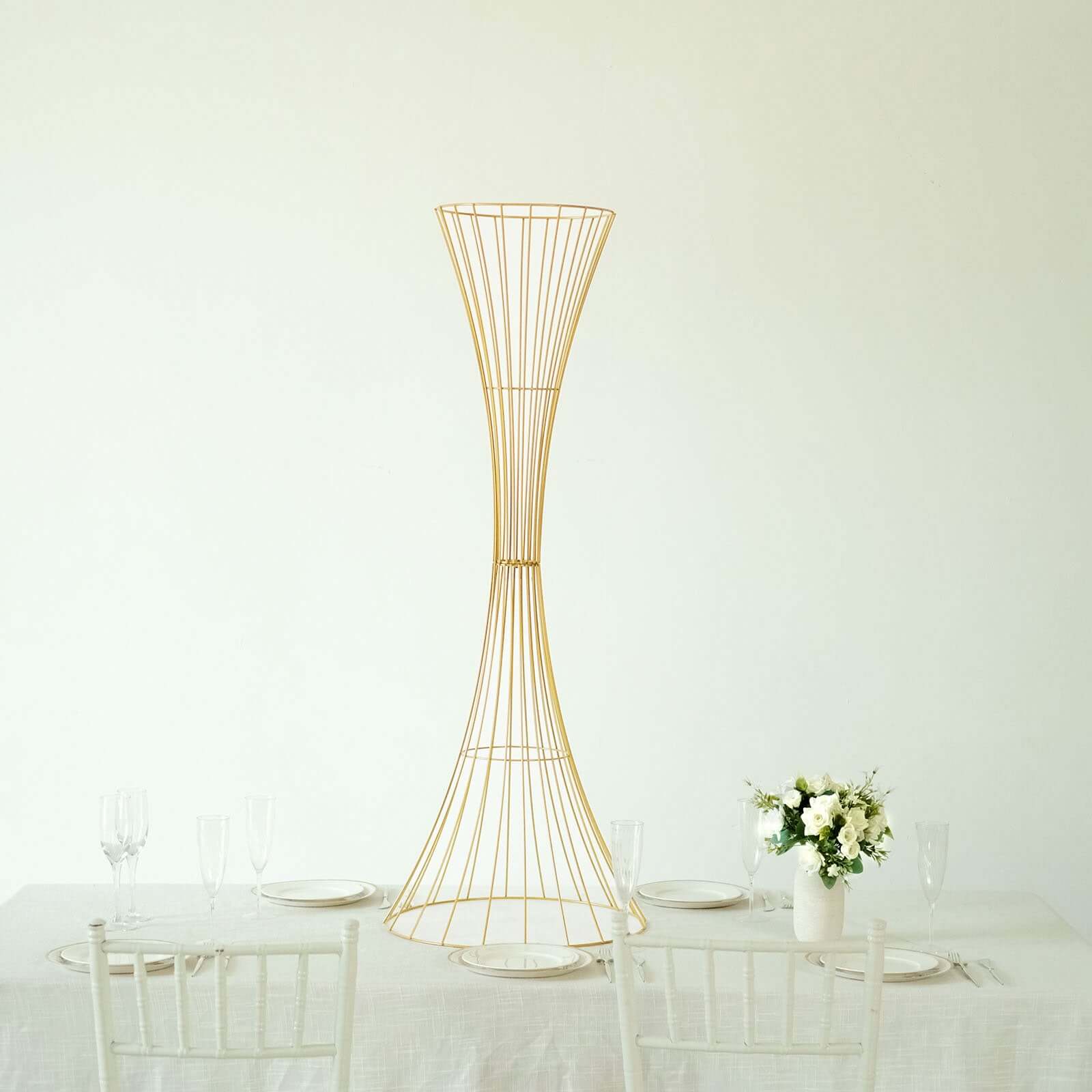 Gold Metal Wire Trumpet Shaped Flower Centerpiece Stand, Hourglass Open Frame Reversible Pedestal Prop 48" Tall - Image 10