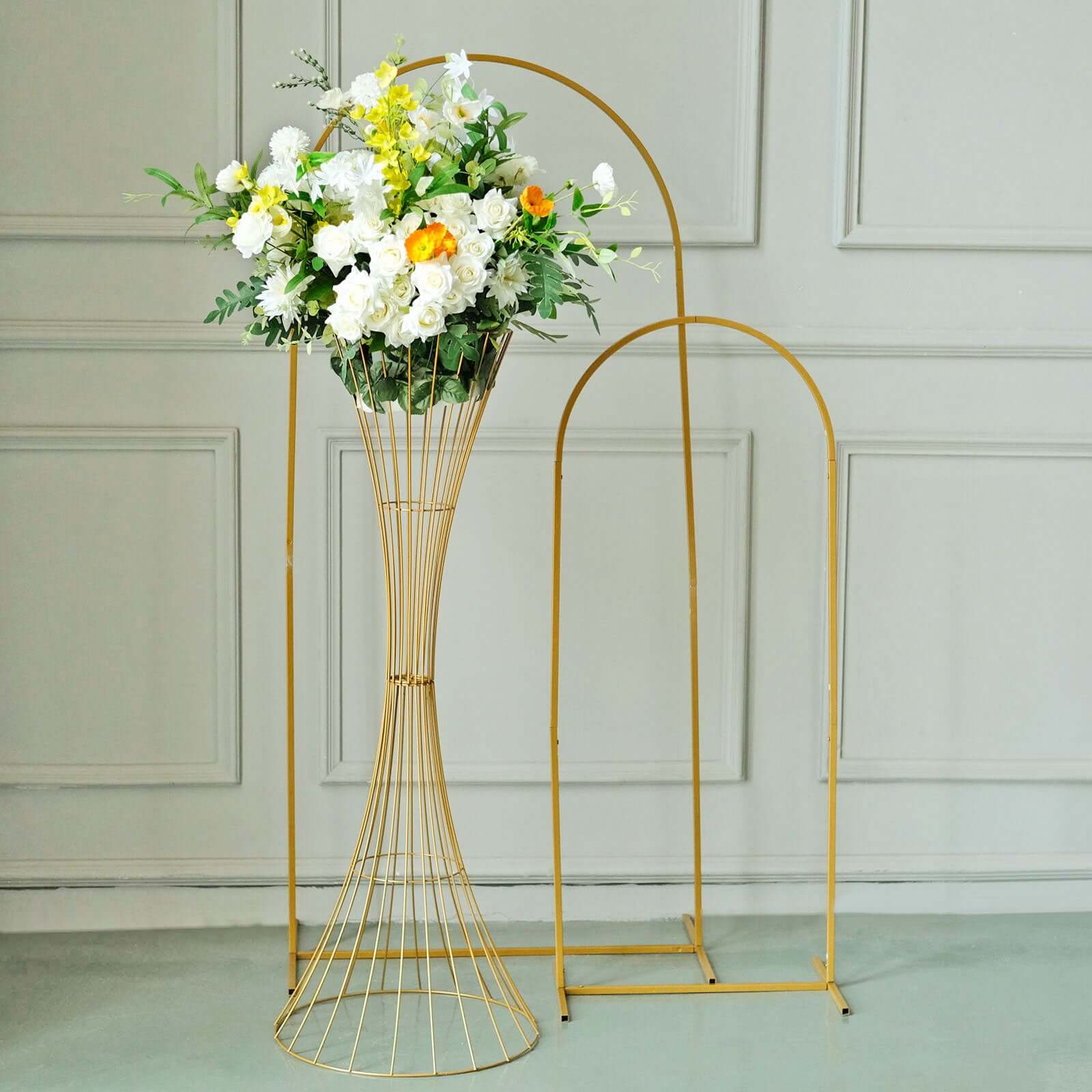 Gold Metal Wire Trumpet Shaped Flower Centerpiece Stand, Hourglass Open Frame Reversible Pedestal Prop 48" Tall - Image 11