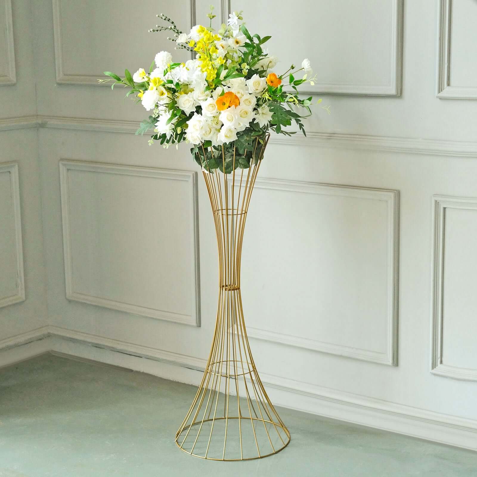 Gold Metal Wire Trumpet Shaped Flower Centerpiece Stand, Hourglass Open Frame Reversible Pedestal Prop 48" Tall - Image 12