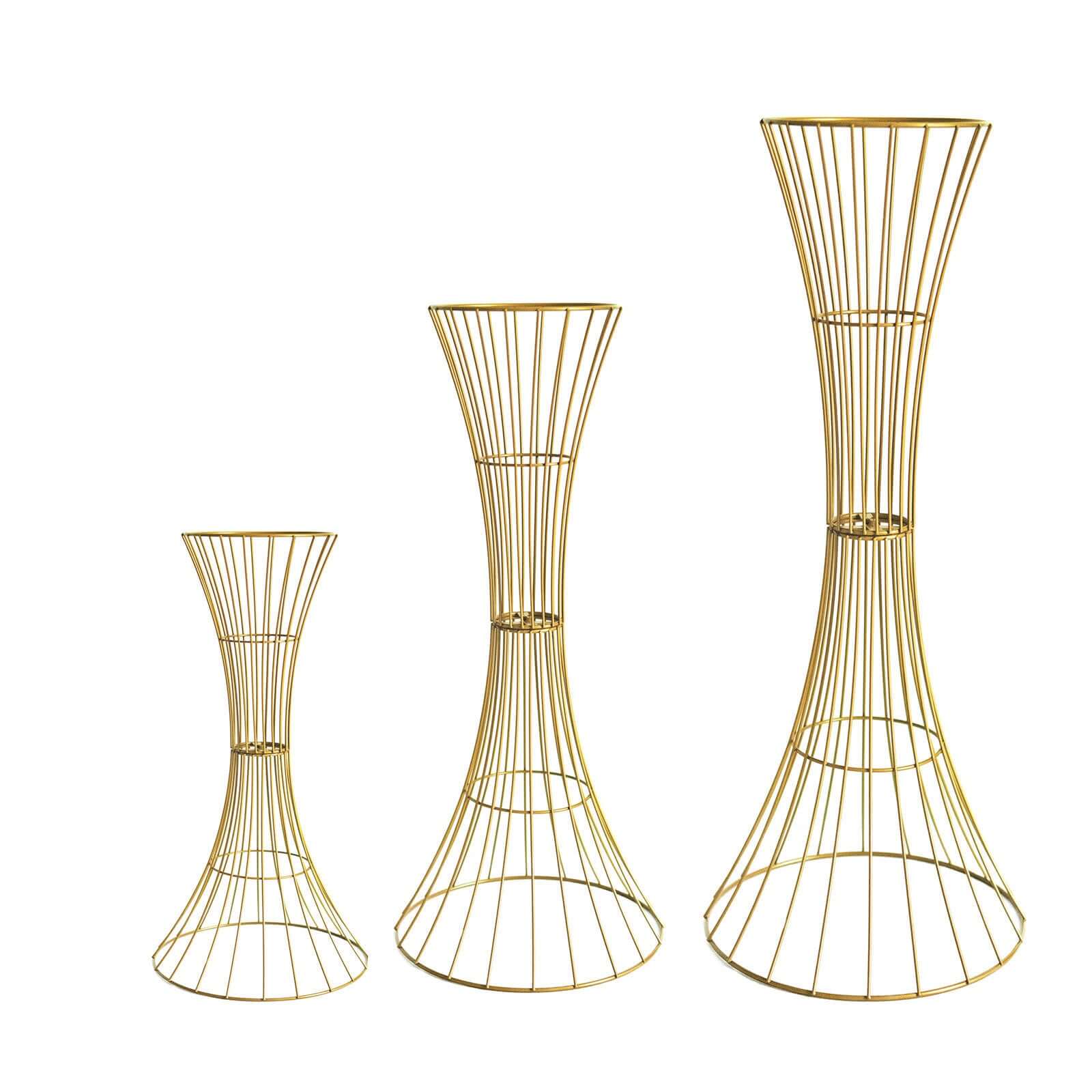 Gold Metal Wire Trumpet Shaped Flower Centerpiece Stand, Hourglass Open Frame Reversible Pedestal Prop 48" Tall - Image 13