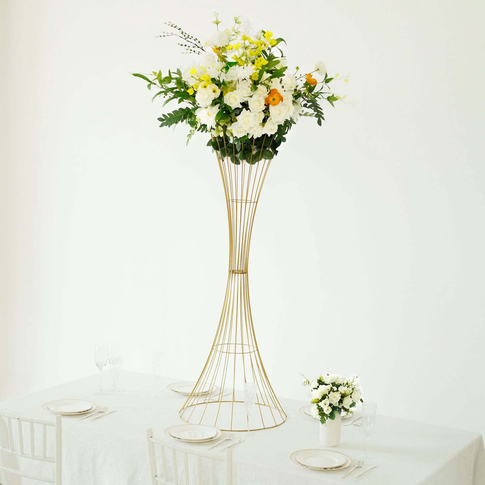 Gold Metal Wire Trumpet Shaped Flower Centerpiece Stand, Hourglass Open Frame Reversible Pedestal Prop 48" Tall - Image 8