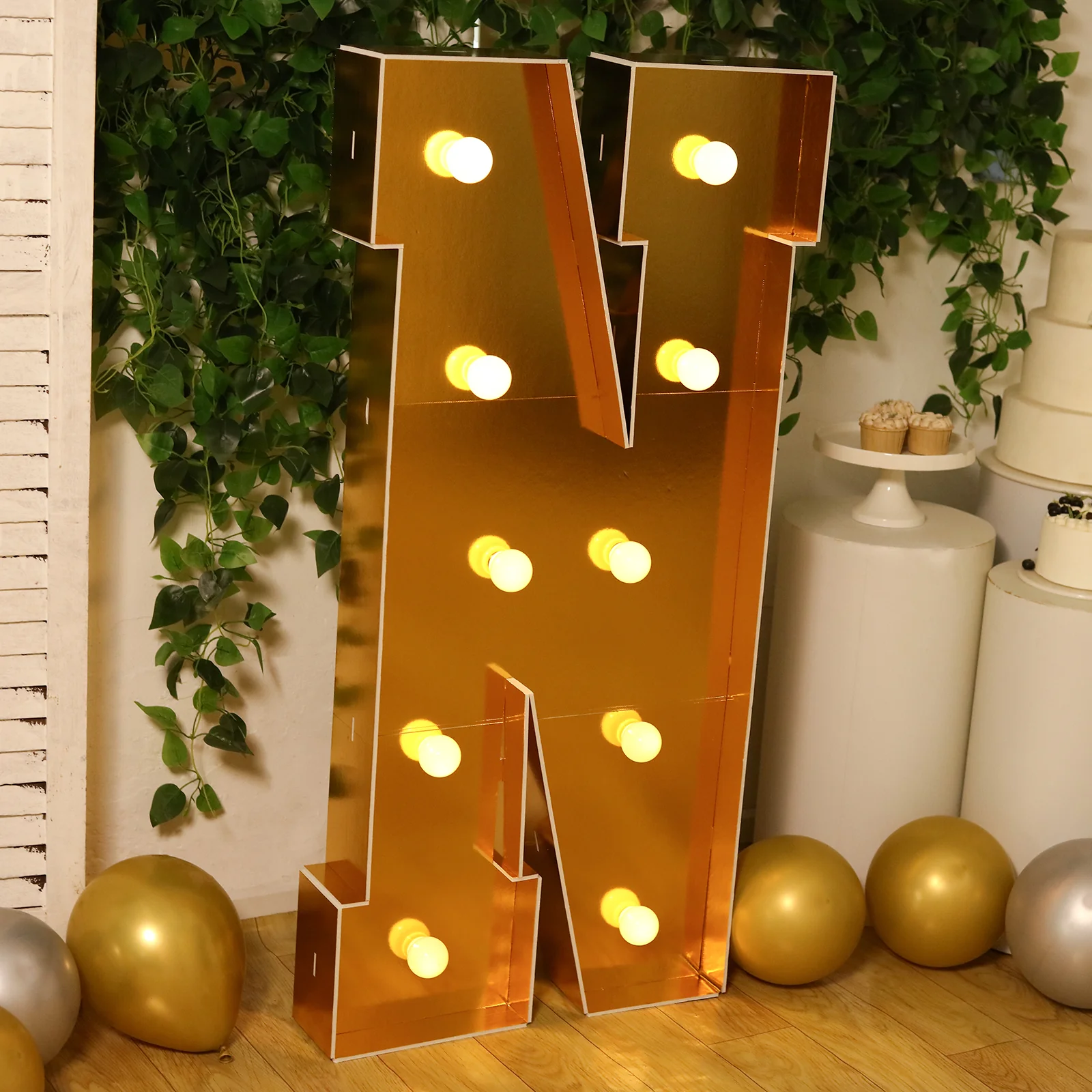 4ft Giant LED Marquee Letter "N", Gold Pre-Cut Foam Board with 10 Warm White Battery Operated LEDs, Glue Gun and Sticks