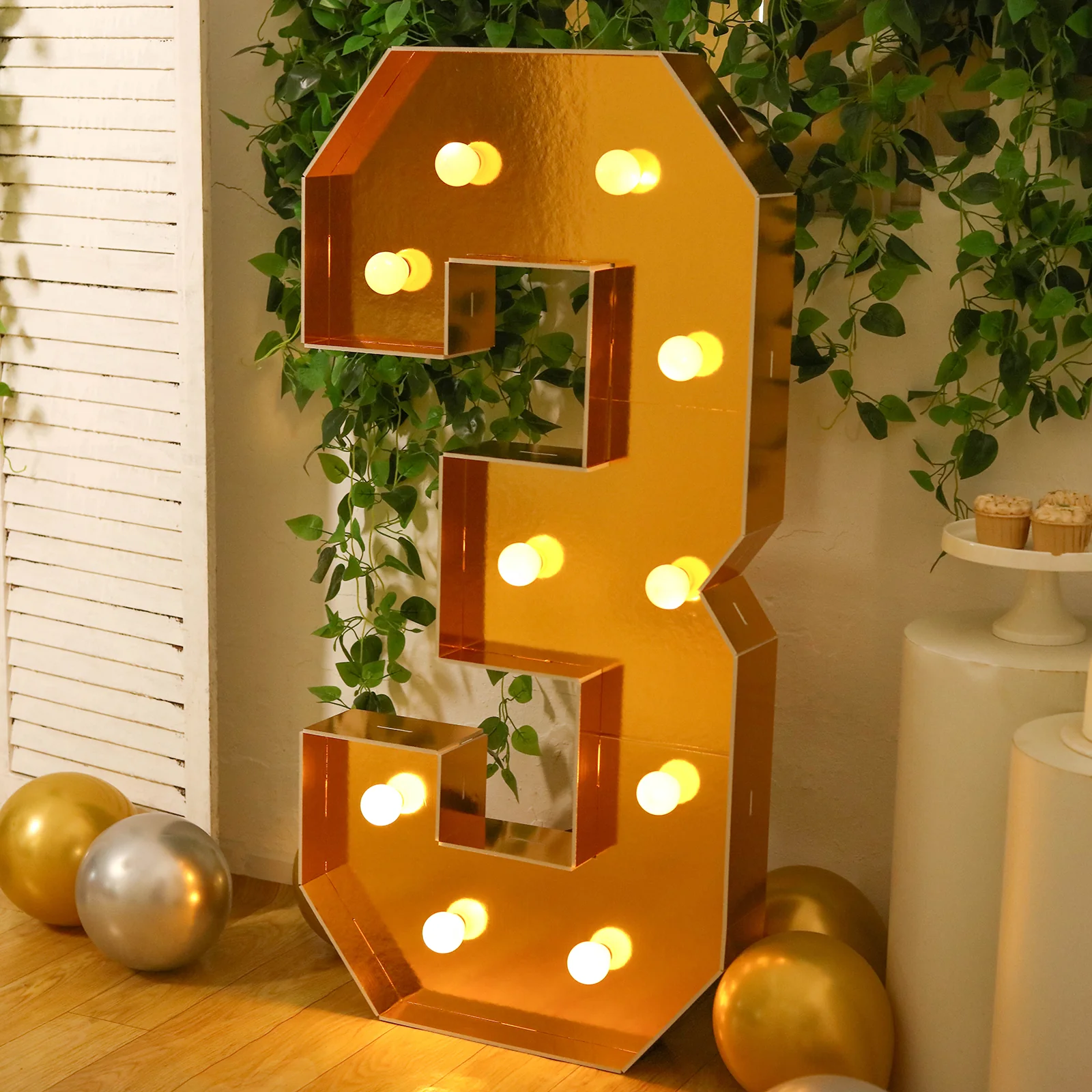 4ft Giant LED Marquee Number "3", Gold Pre-Cut Foam Board with 10 Warm White Battery Operated LEDs, Glue Gun and Sticks