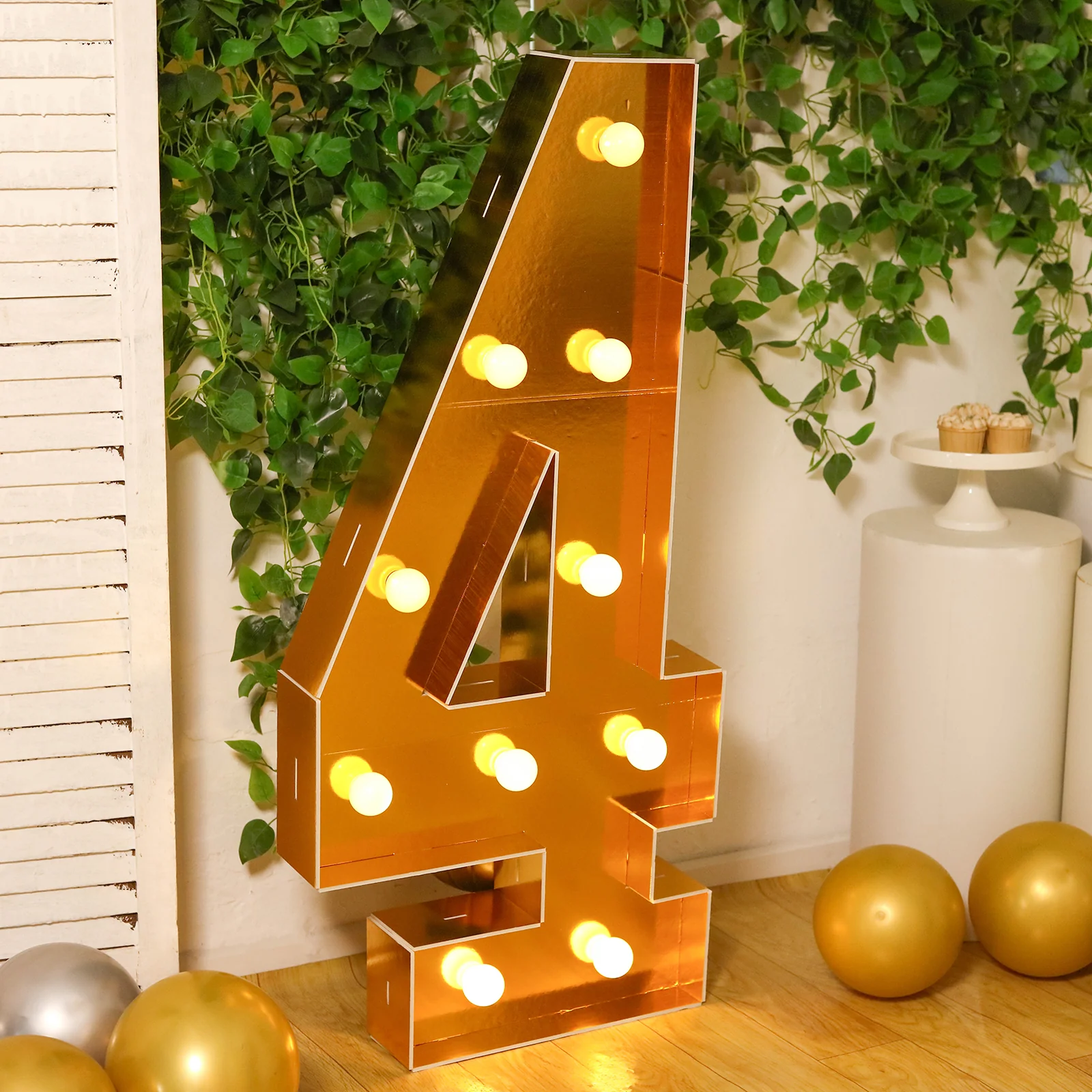 4ft Giant LED Marquee Number "4", Gold Pre-Cut Foam Board with 10 Warm White Battery Operated LEDs, Glue Gun and Sticks