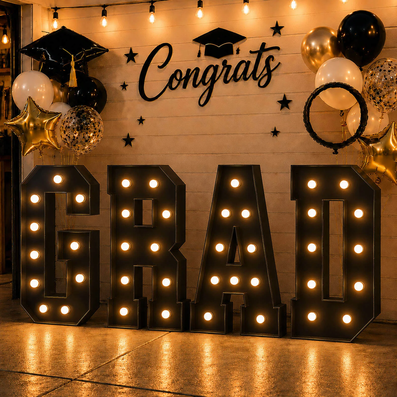 4ft Giant LED Marquee Letters Set "GRAD", Black Pre-Cut Foam Board with Warm White Battery Operated LEDs, Glue Gun and Sticks