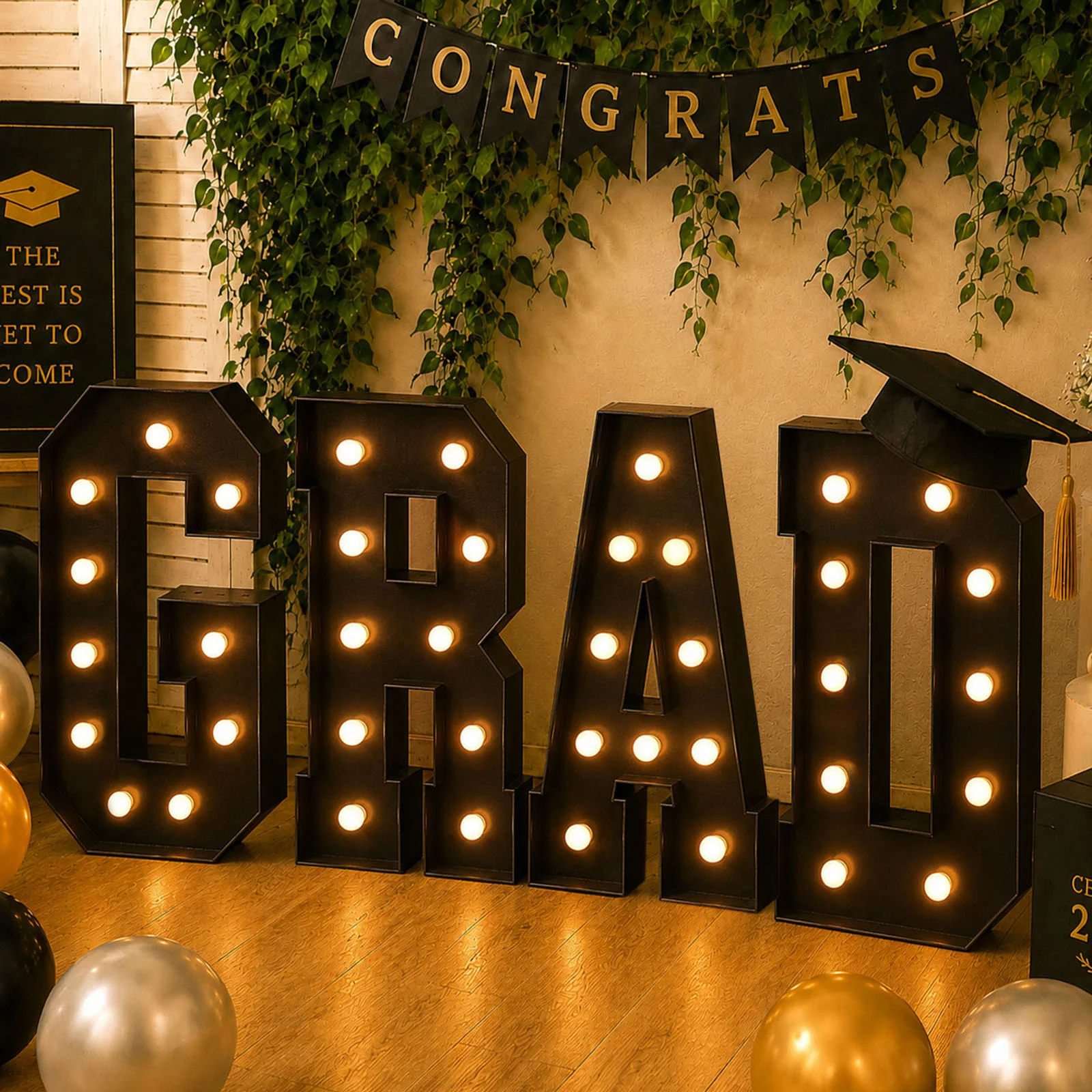4ft Giant LED Marquee Letters Set "GRAD", Black Pre-Cut Foam Board with Warm White Battery Operated LEDs, Glue Gun and Sticks - Image 3