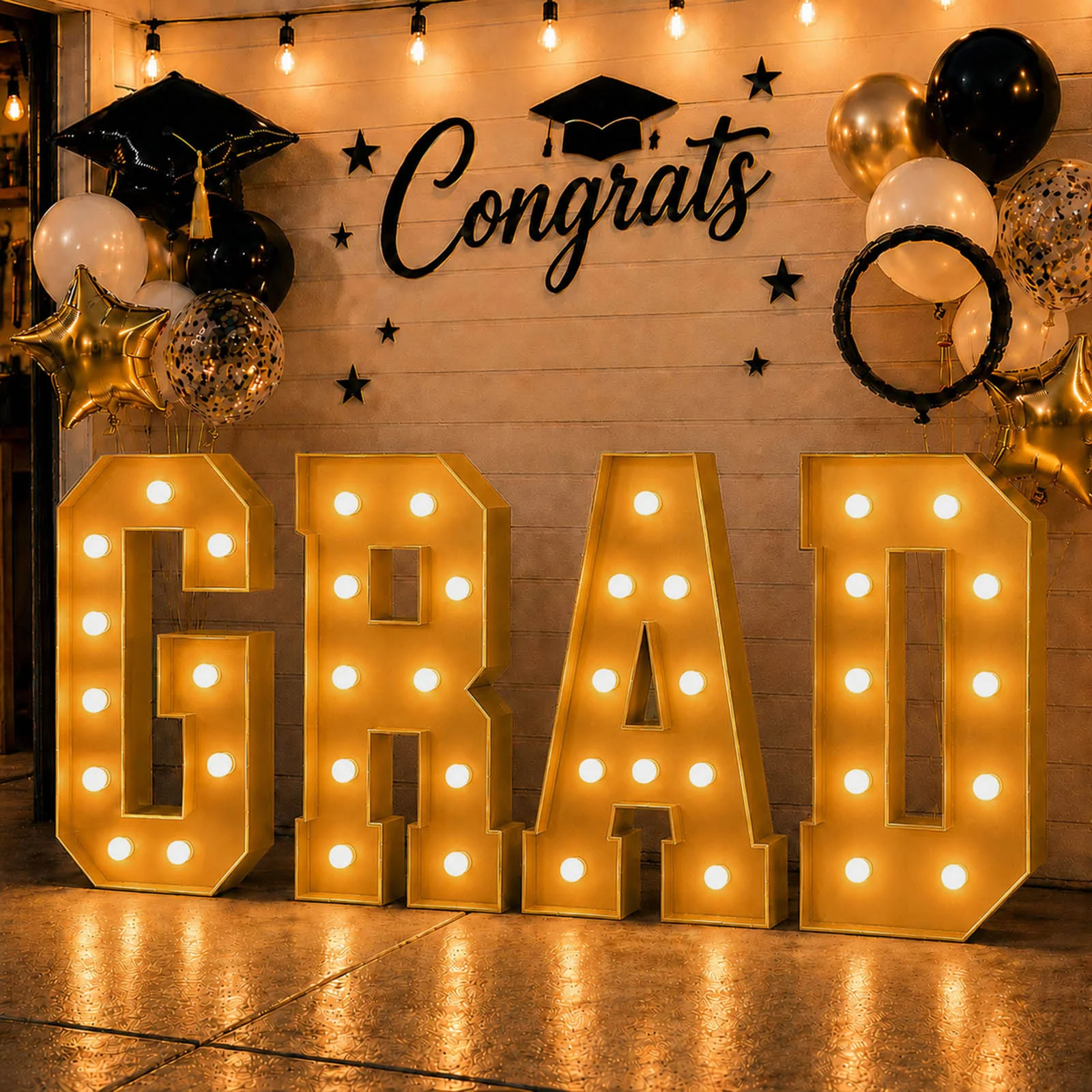 4ft Giant LED Marquee Letters Set "GRAD", Gold Pre-Cut Foam Board with Warm White Battery Operated LEDs, Glue Gun and Sticks