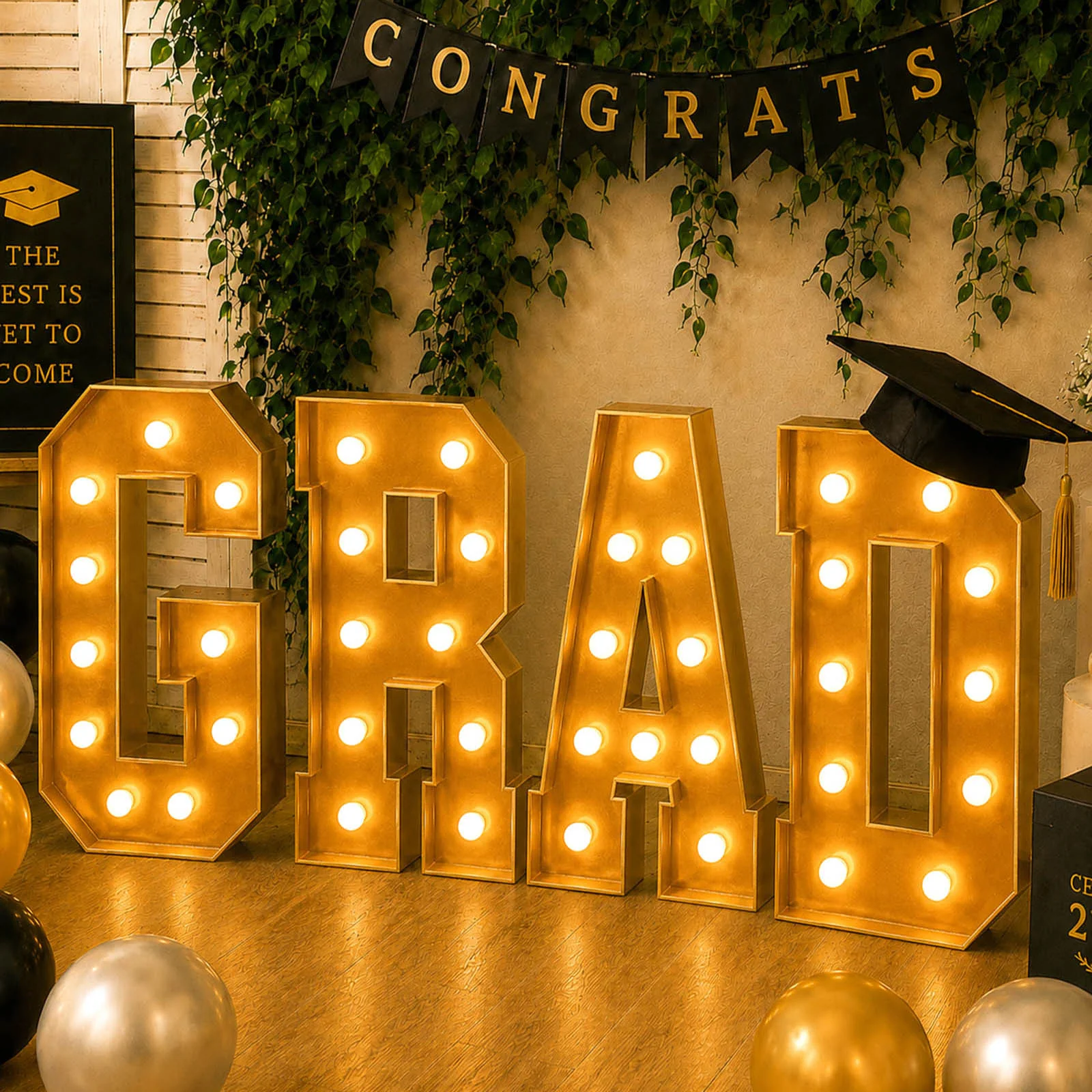 4ft Giant LED Marquee Letters Set "GRAD", Gold Pre-Cut Foam Board with Warm White Battery Operated LEDs, Glue Gun and Sticks - Image 3