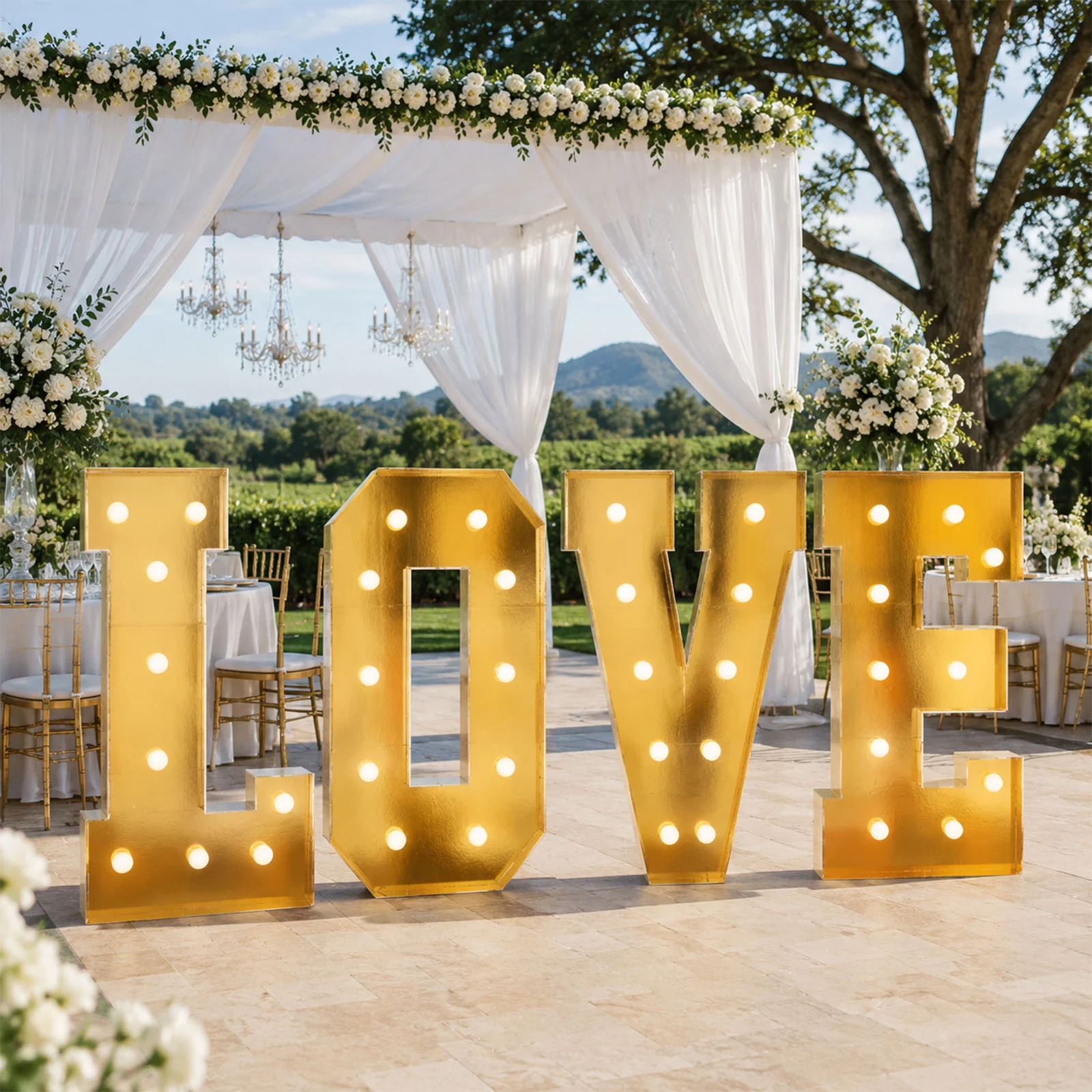4ft Giant LED Marquee Letters Set "LOVE", Gold Pre-Cut Foam Board with Warm White Battery Operated LEDs, Glue Gun and Sticks