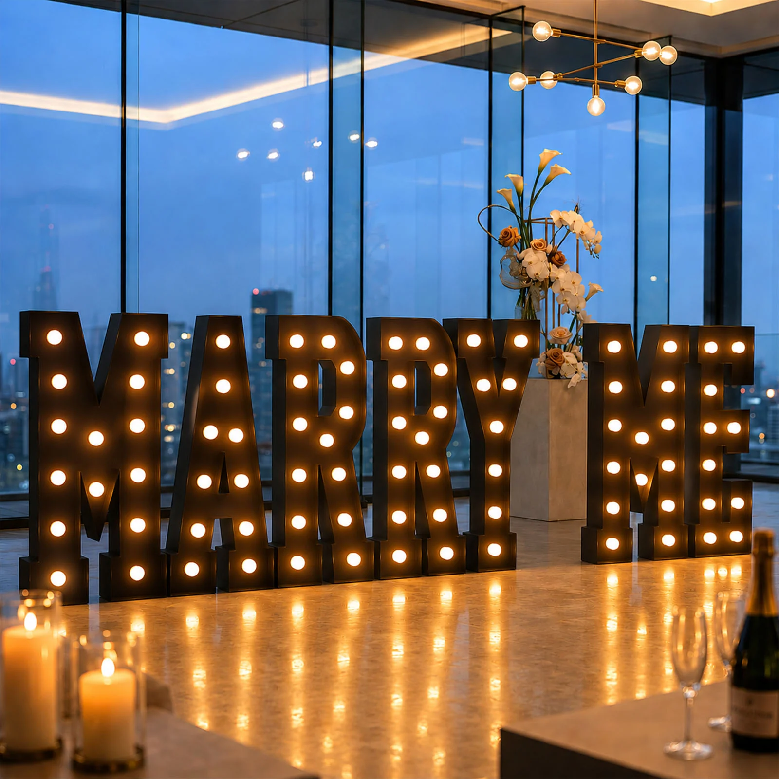 4ft Giant LED Marquee Letters Set "MARRY ME" Black Pre-Cut Foam Board with Warm White Battery Operated LEDs, Glue Gun and Sticks - Image 3