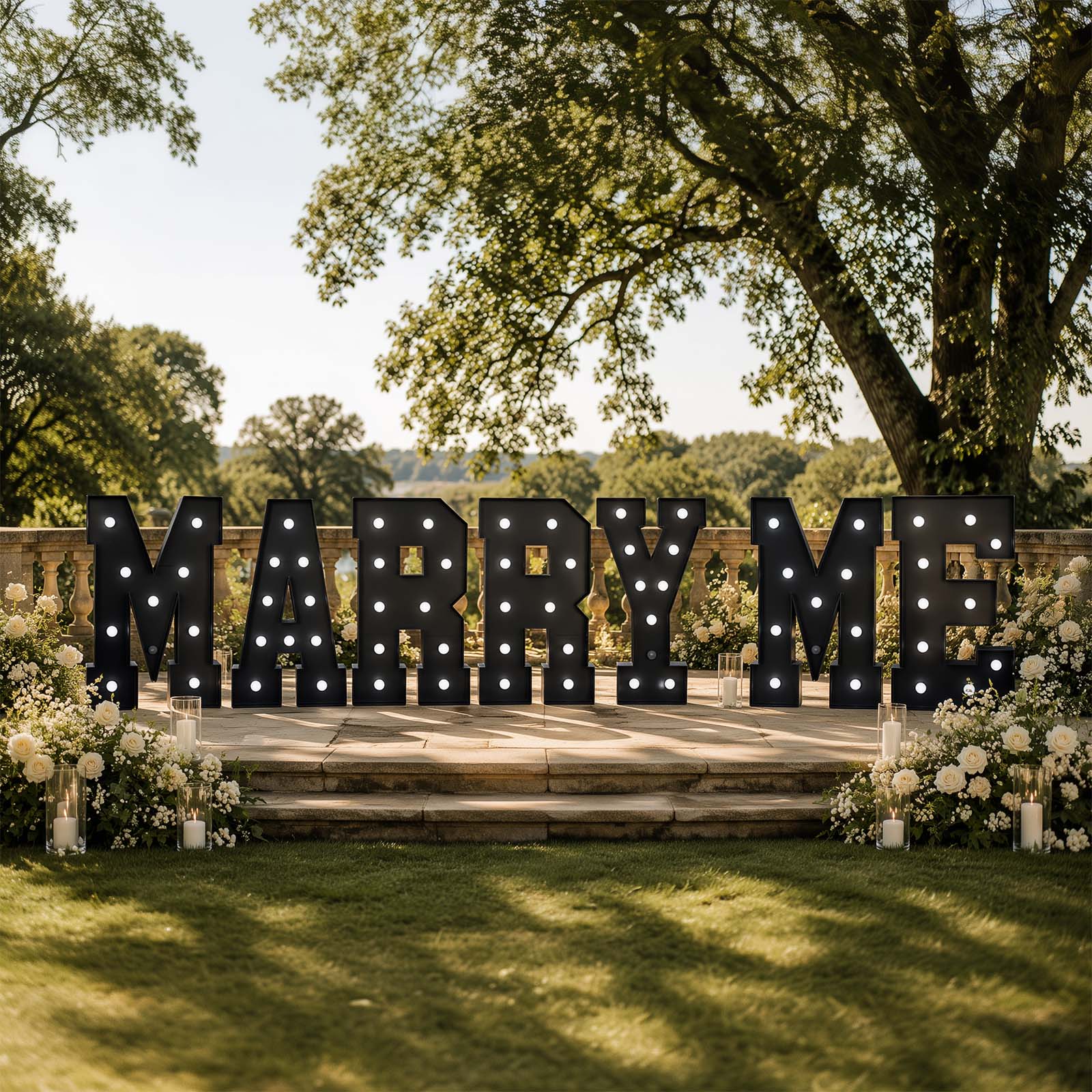 4ft Giant LED Marquee Letters Set "MARRY ME" Black Pre-Cut Foam Board with Warm White Battery Operated LEDs, Glue Gun and Sticks - Image 4