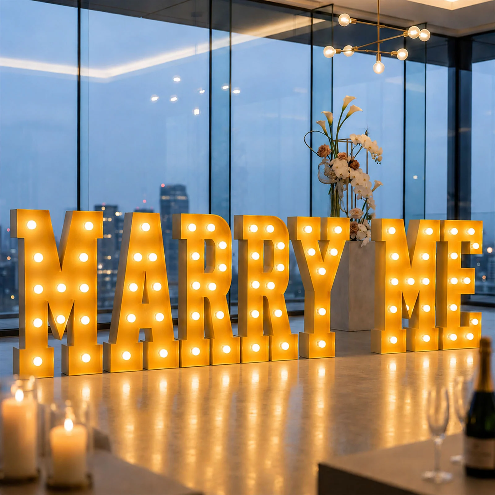 4ft Giant LED Marquee Letters Set "MARRY ME" Gold Pre-Cut Foam Board with Warm White Battery Operated LEDs, Glue Gun and Sticks - Image 3