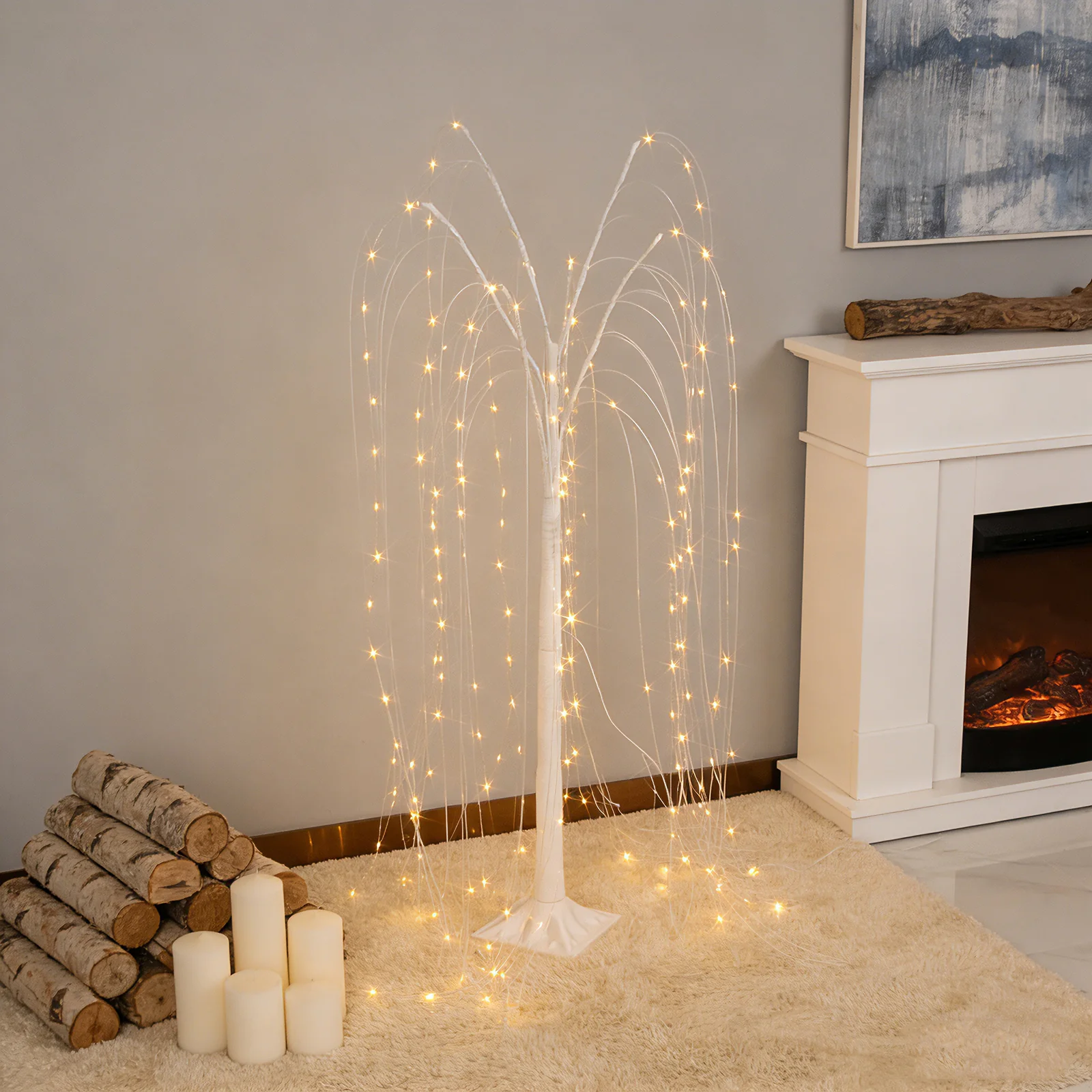 4ft LED Weeping Willow Tree Light, Battery Operated White Decorative Tree with 180 Warm White LEDs