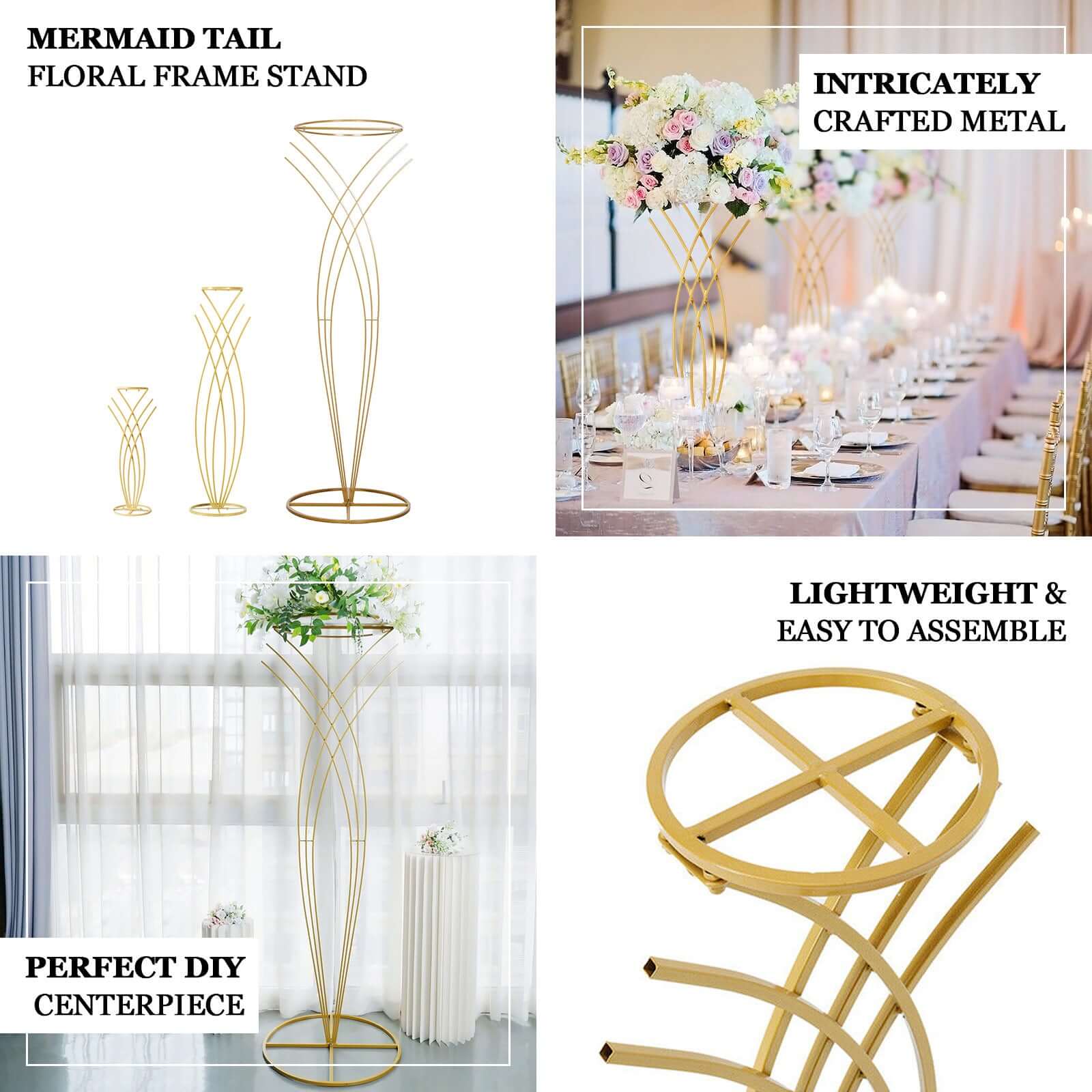 Gold Metal Mermaid Tail Flower Frame Table Centerpiece, Wedding Floral Display Stand 4ft Tall - Image 4