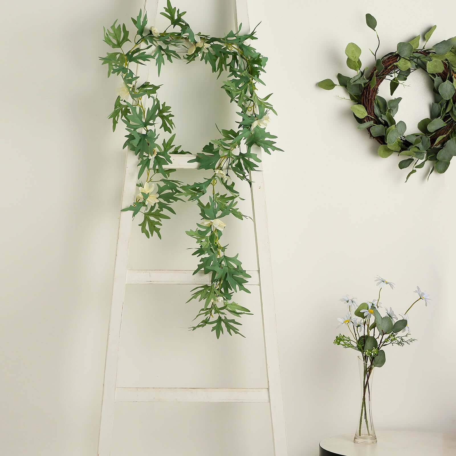 Cream Artificial Daisy, Magnolia Leaf Flower Garland Faux Vine 5.5ft - Image 5
