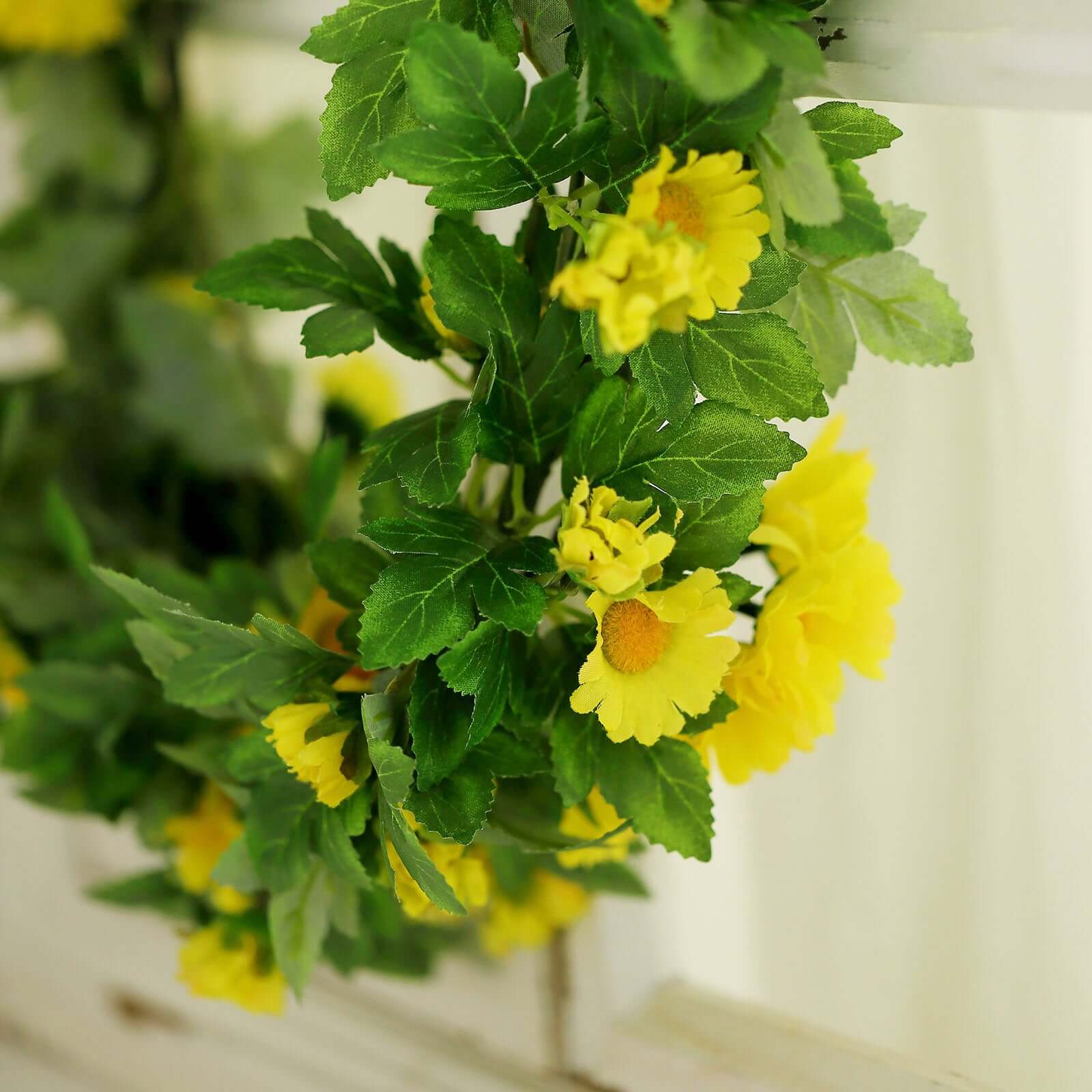 Yellow Artificial Daisy Magnolia Leaf Flower Garland Faux Vine 5.5ft - Image 10