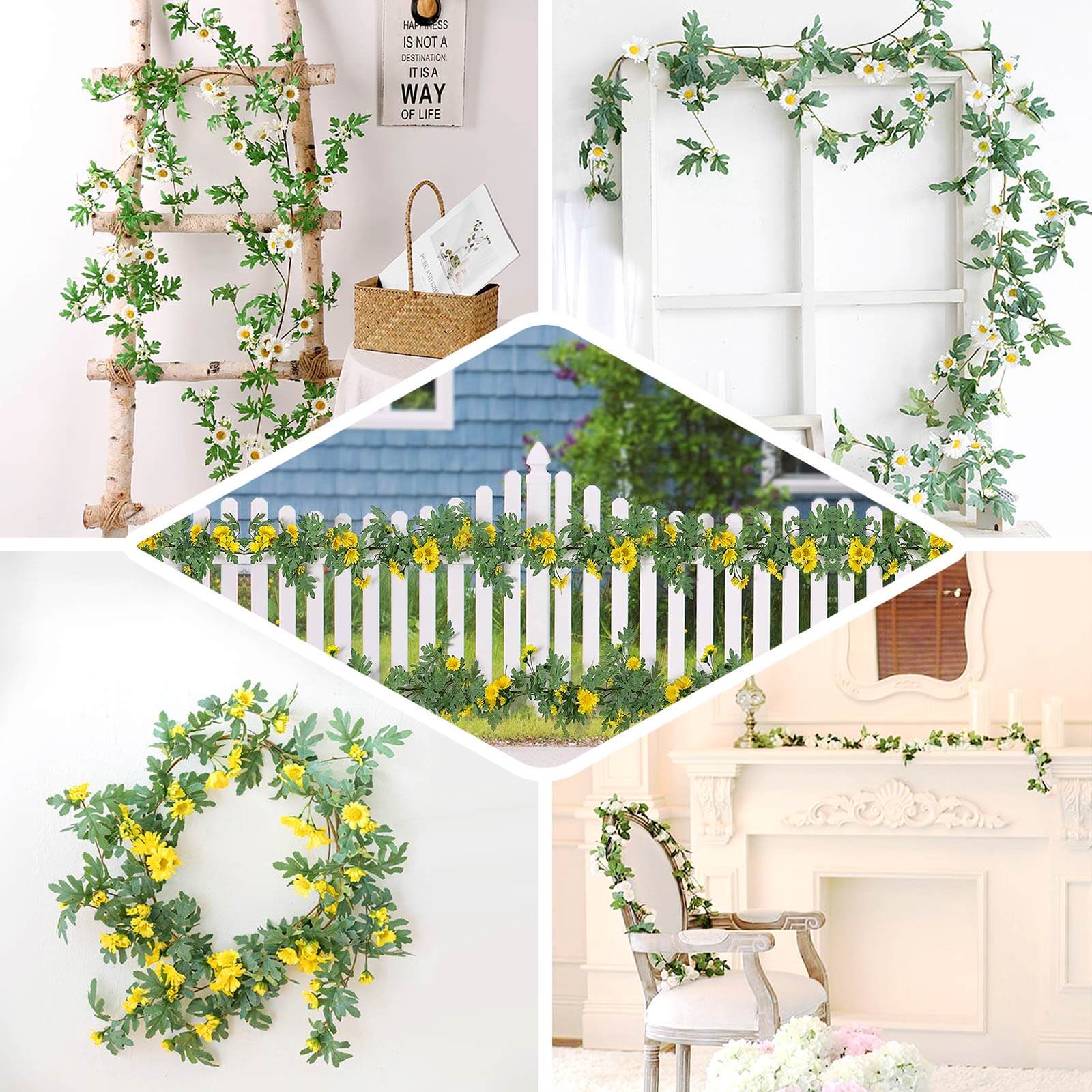 Yellow Artificial Daisy Magnolia Leaf Flower Garland Faux Vine 5.5ft - Image 5