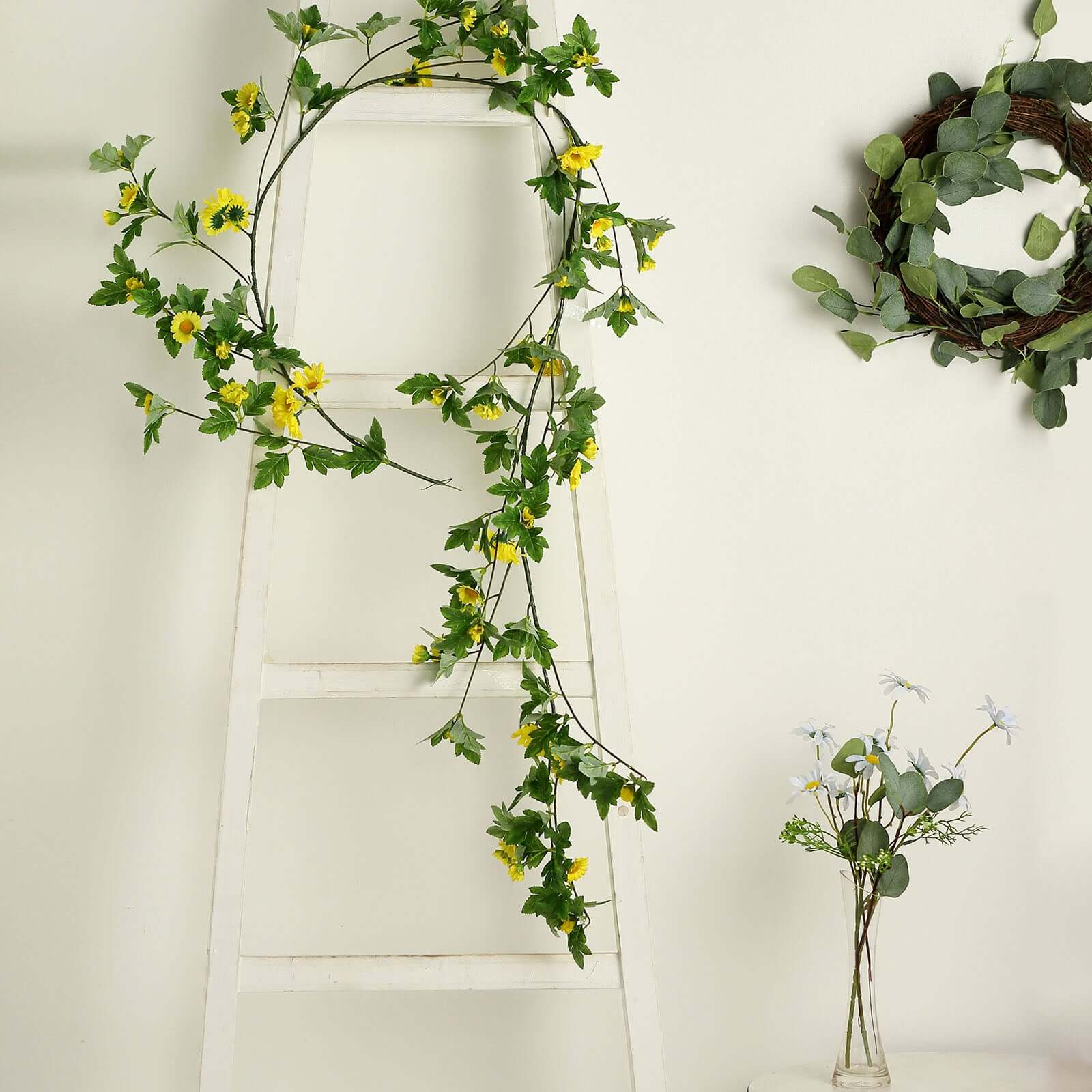 Yellow Artificial Daisy Magnolia Leaf Flower Garland Faux Vine 5.5ft - Image 6