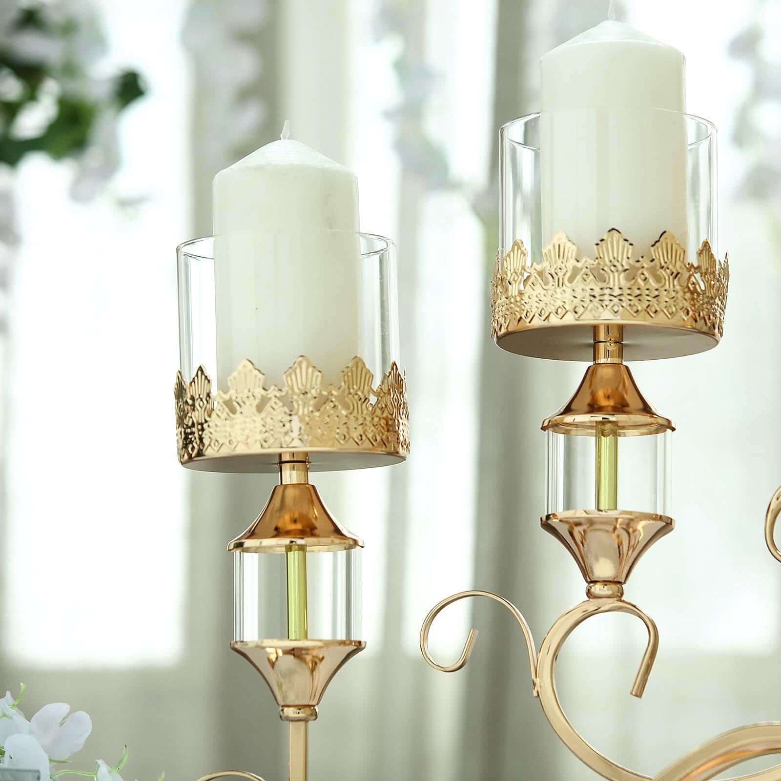 5-Arm Antique Gold Metal Candelabra Crown Top Design 18" - Horizontal Table Centerpiece with Hurricane Glass Votive Candle Holders - Image 10