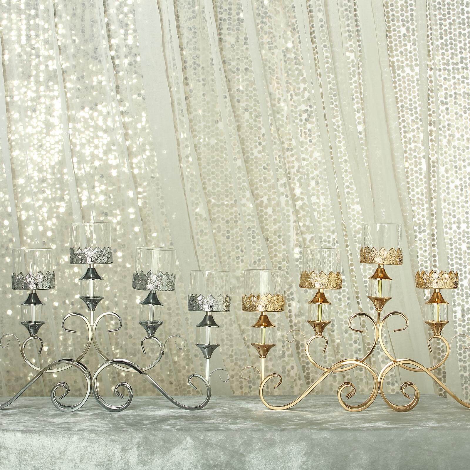 5-Arm Antique Gold Metal Candelabra Crown Top Design 18" - Horizontal Table Centerpiece with Hurricane Glass Votive Candle Holders - Image 15