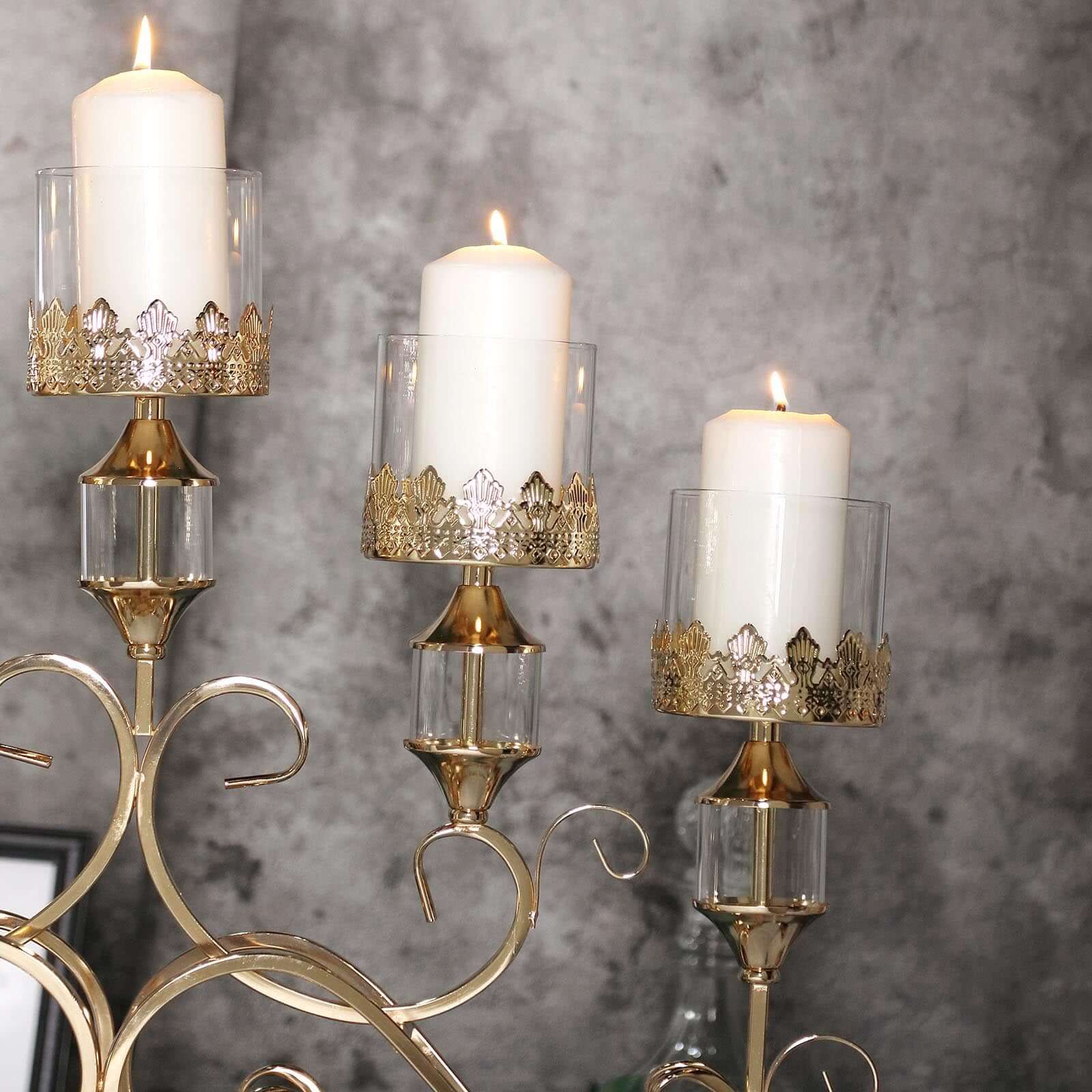 5-Arm Antique Gold Metal Candelabra Crown Top Design 18" - Horizontal Table Centerpiece with Hurricane Glass Votive Candle Holders - Image 16