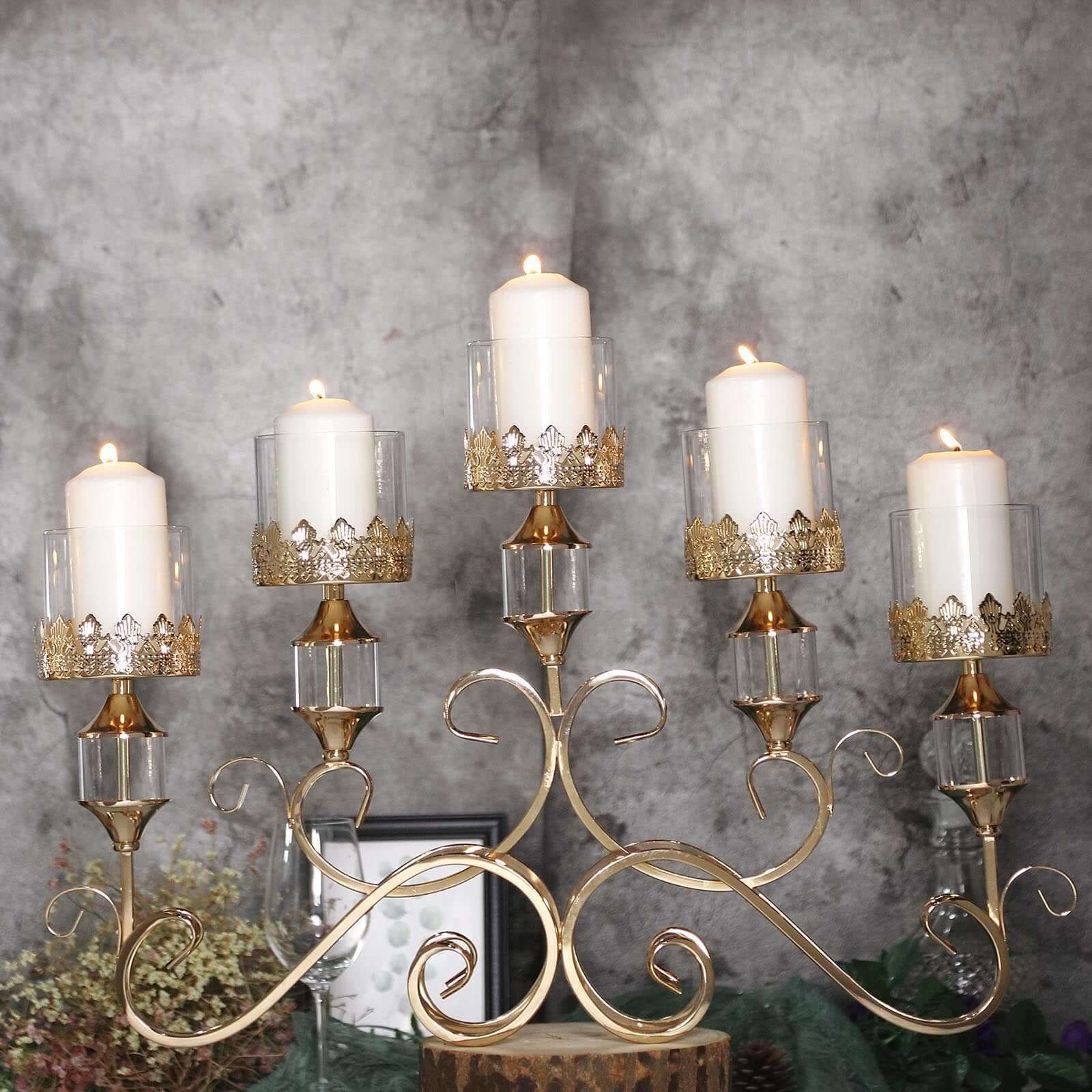 5-Arm Antique Gold Metal Candelabra Crown Top Design 18" - Horizontal Table Centerpiece with Hurricane Glass Votive Candle Holders - Image 17