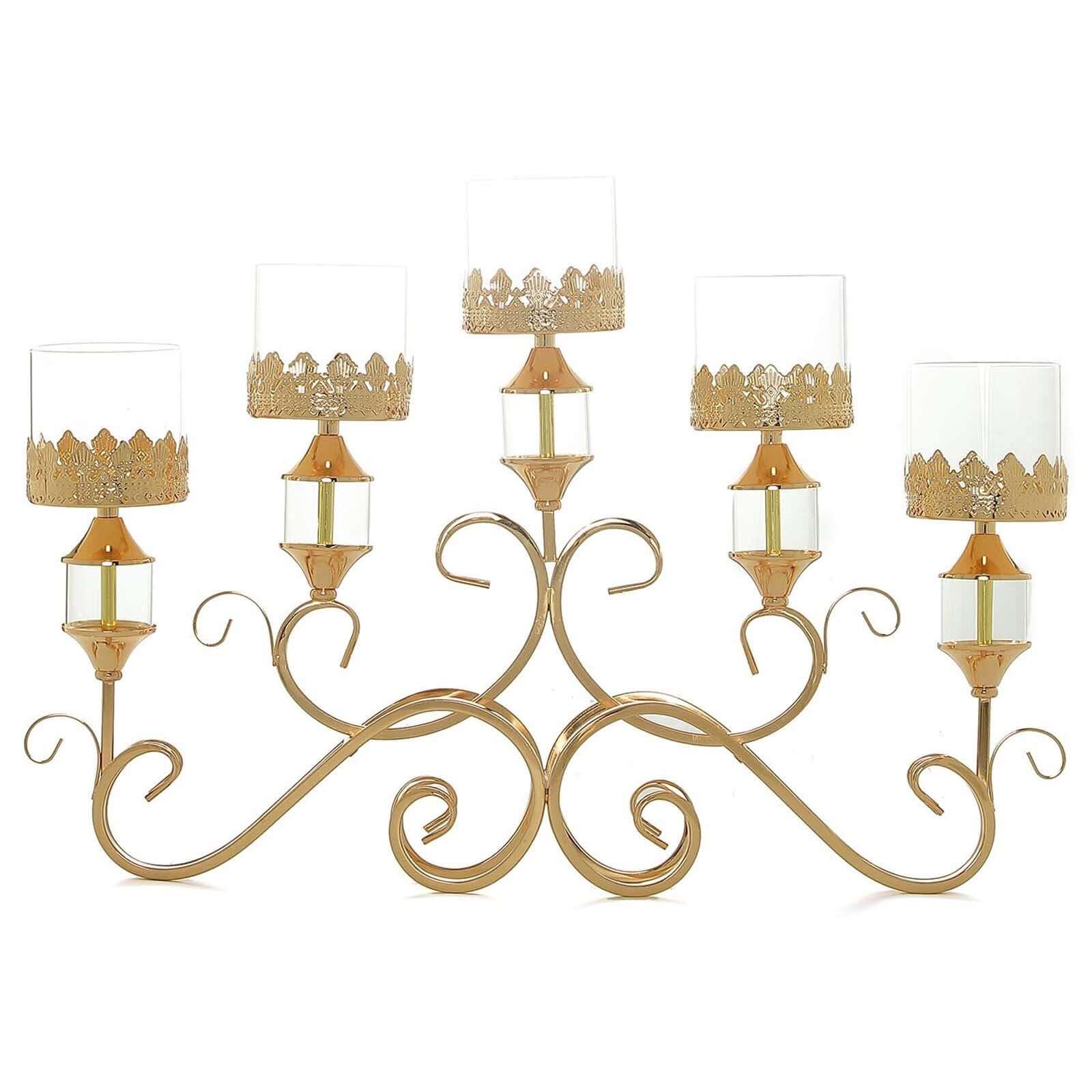 5-Arm Antique Gold Metal Candelabra Crown Top Design 18" - Horizontal Table Centerpiece with Hurricane Glass Votive Candle Holders - Image 18