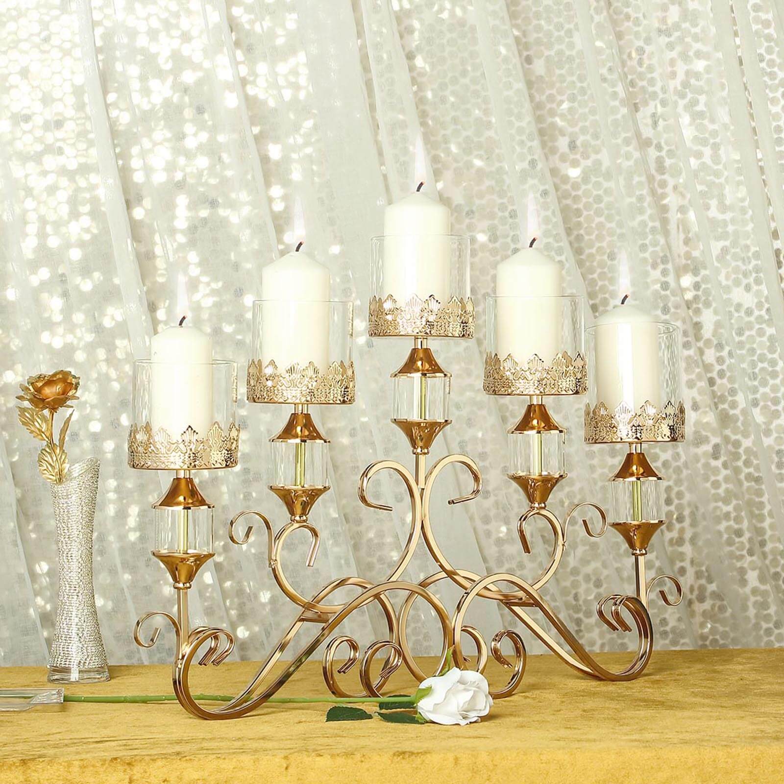 5-Arm Antique Gold Metal Candelabra Crown Top Design 18" - Horizontal Table Centerpiece with Hurricane Glass Votive Candle Holders - Image 2