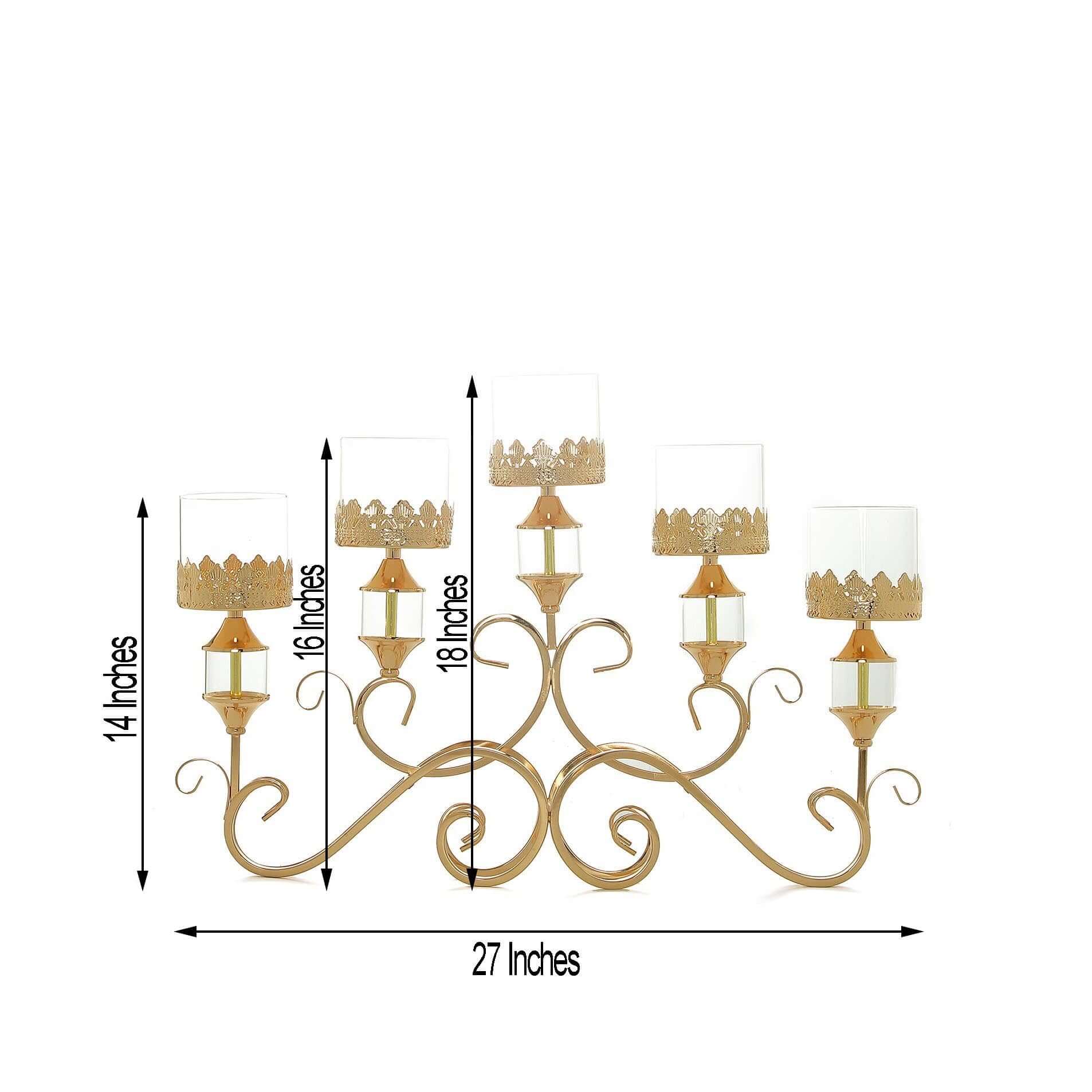 5-Arm Antique Gold Metal Candelabra Crown Top Design 18" - Horizontal Table Centerpiece with Hurricane Glass Votive Candle Holders - Image 3