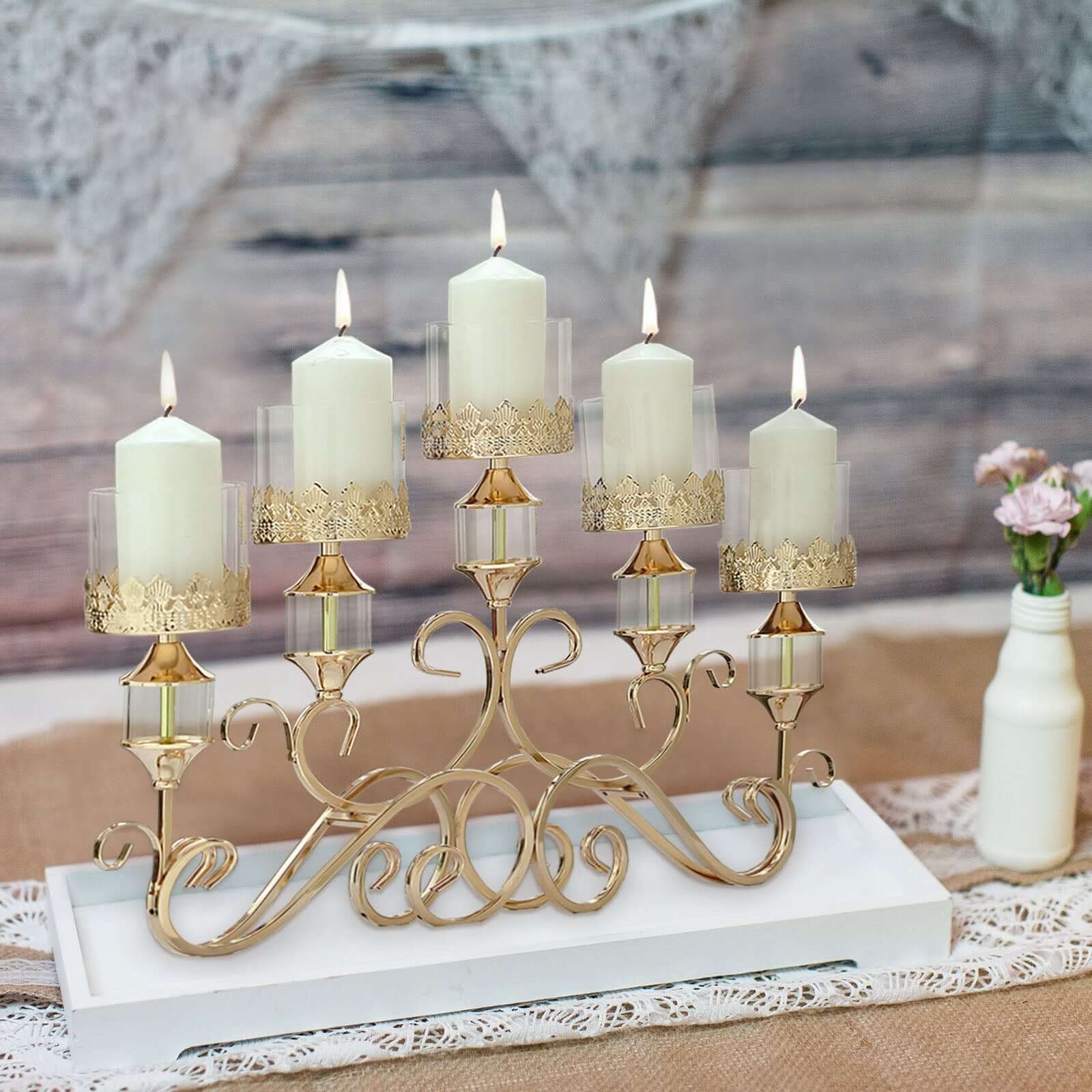 5-Arm Antique Gold Metal Candelabra Crown Top Design 18" - Horizontal Table Centerpiece with Hurricane Glass Votive Candle Holders - Image 6