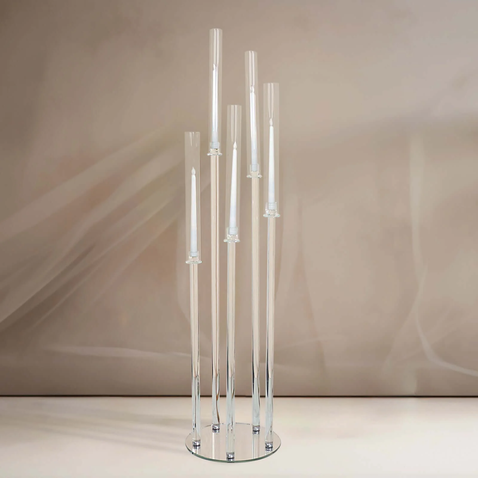 5-Arm Crystal Cluster Taper Candelabra with Round Mirror Base 51" Clear - Stylish Candle Holder Table Centerpiece for Votive & Pillar Candles