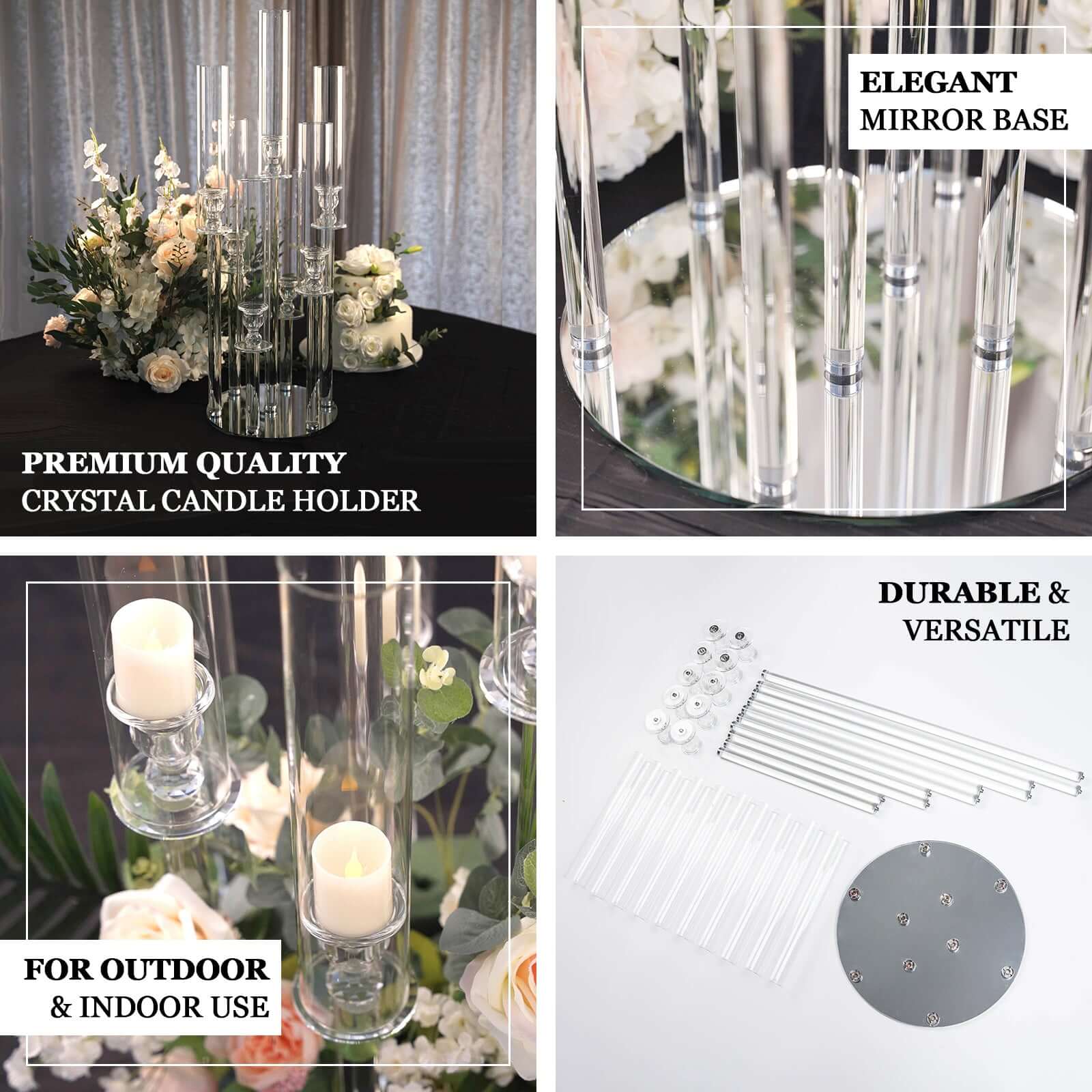 5-Arm Crystal Cluster Taper Candelabra with Round Mirror Base 51" Clear - Stylish Candle Holder Table Centerpiece for Votive & Pillar Candles - Image 4