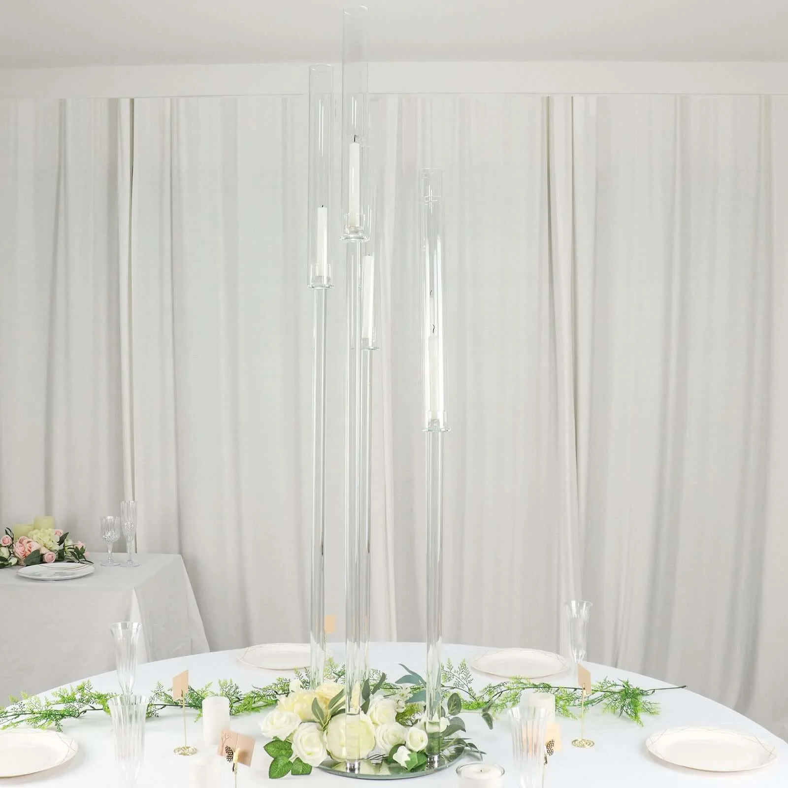 5-Arm Crystal Cluster Taper Candelabra with Round Mirror Base 51" Clear - Stylish Candle Holder Table Centerpiece for Votive & Pillar Candles - Image 7
