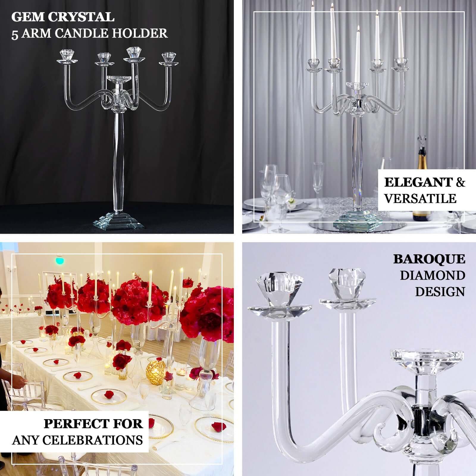 5 Arm Crystal Glass Candelabra 27" Clear- Glamorous Taper Candle Holder Table Centerpiece Stand for Weddings & Banquets - Image 4