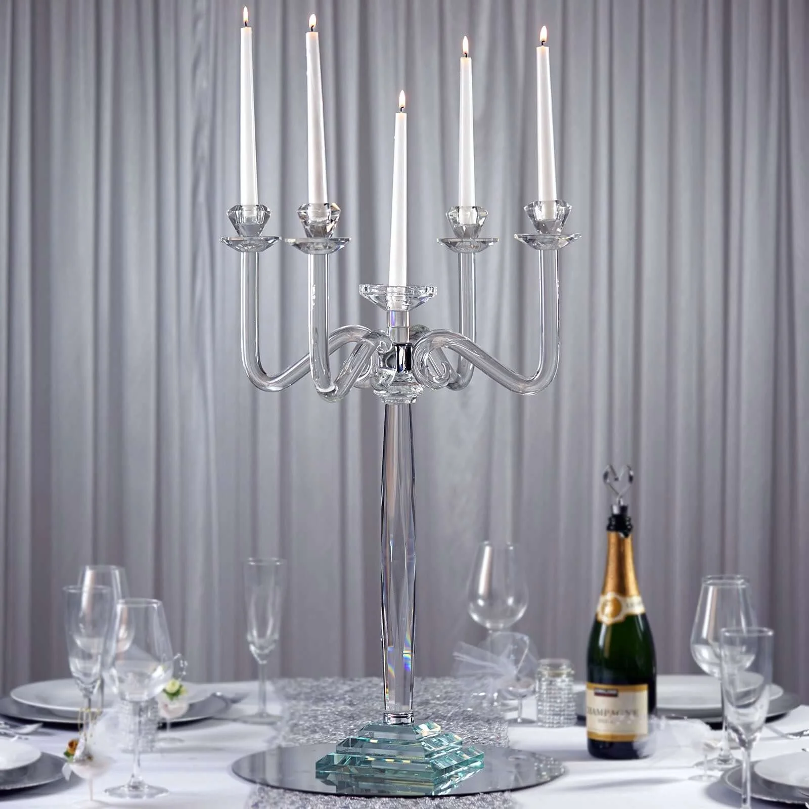 5 Arm Crystal Glass Candelabra 27" Clear- Glamorous Taper Candle Holder Table Centerpiece Stand for Weddings & Banquets - Image 7