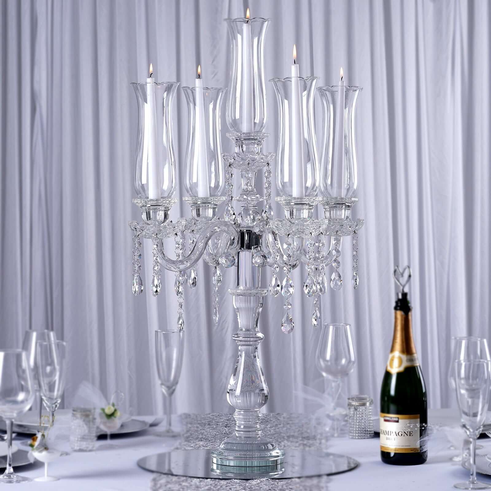 5 Arm Crystal Glass Taper Candle Holder Candelabra 32" - Stylish Table Centerpiece With Chandelier Chains - Image 2