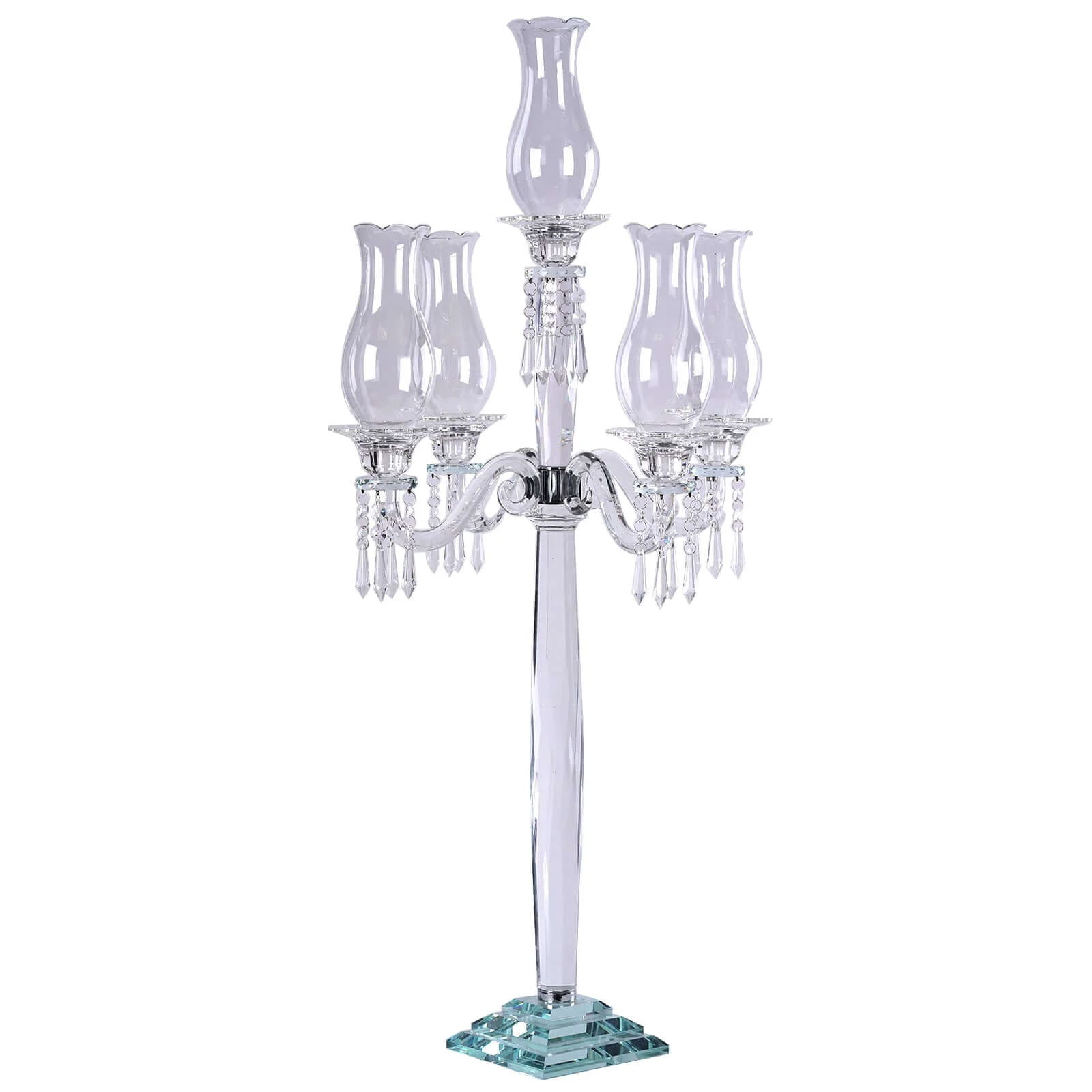 5 Arm Crystal Glass Taper Candle Holder Candelabra 40" - Luxurious Table Centerpiece With Chandelier Chains - Image 2