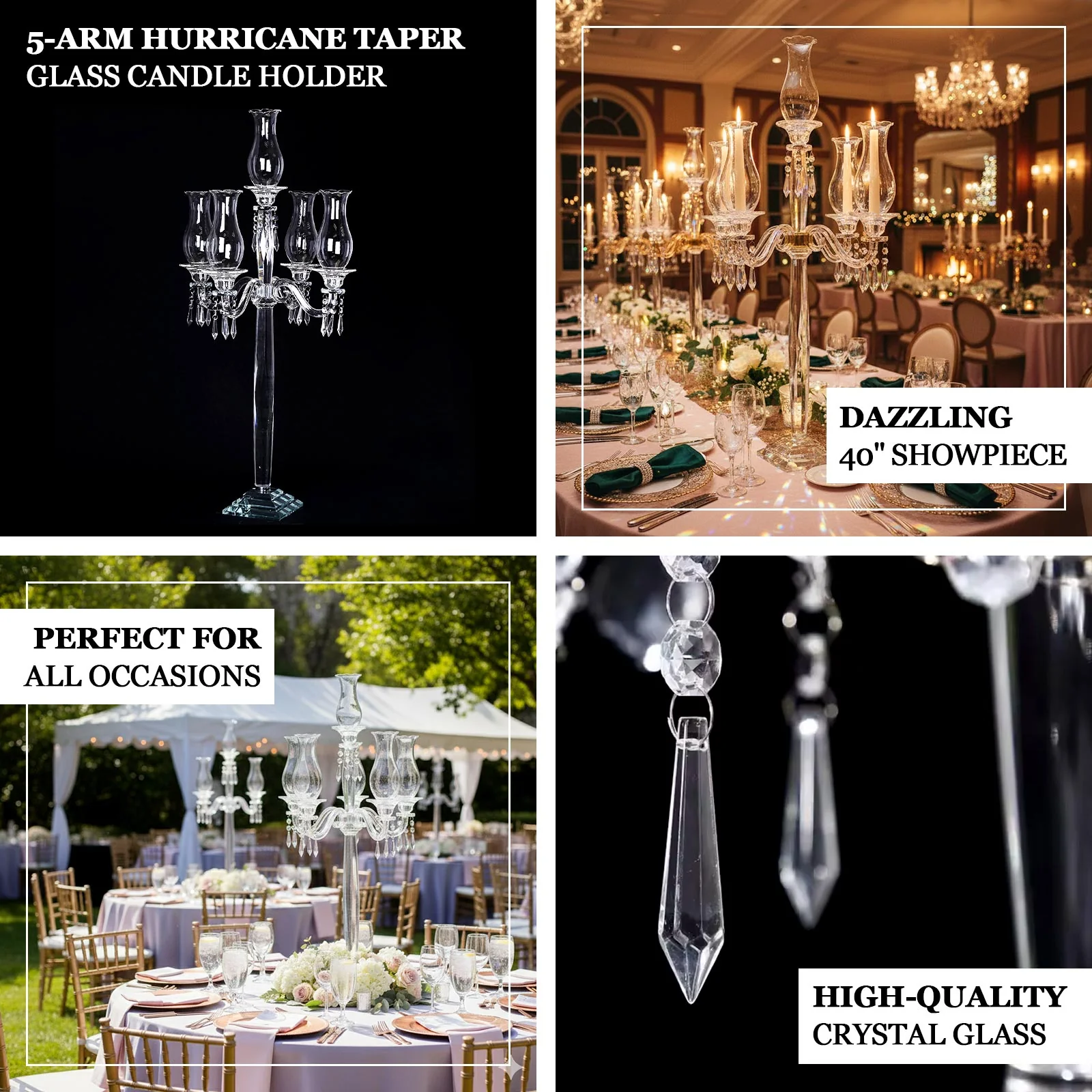 5 Arm Crystal Glass Taper Candle Holder Candelabra 40" - Luxurious Table Centerpiece With Chandelier Chains - Image 4