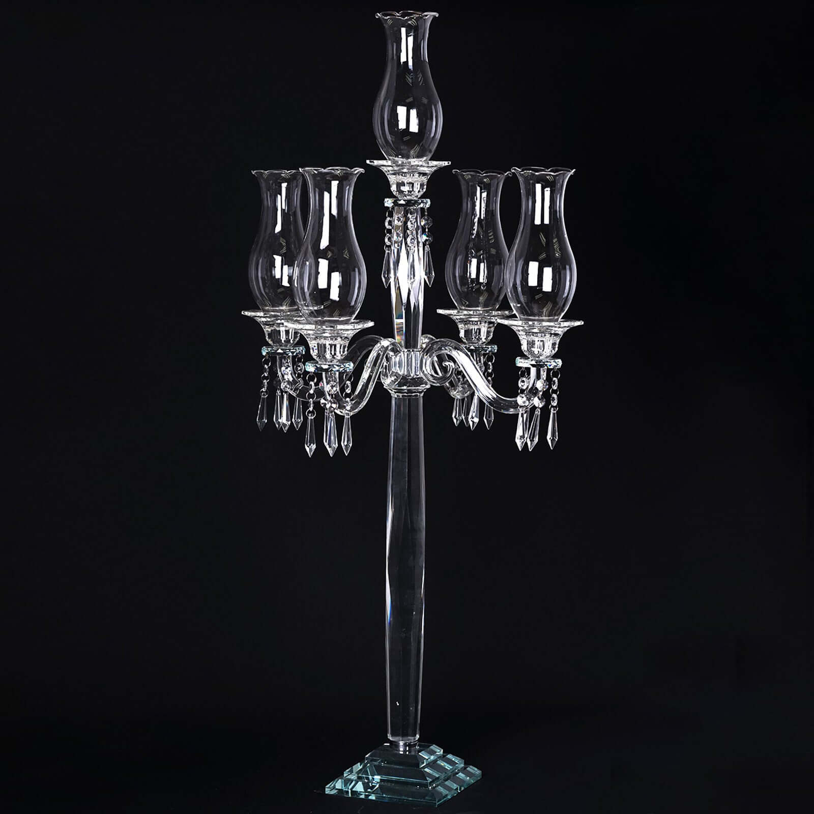 5 Arm Crystal Glass Taper Candle Holder Candelabra 40" - Luxurious Table Centerpiece With Chandelier Chains - Image 9