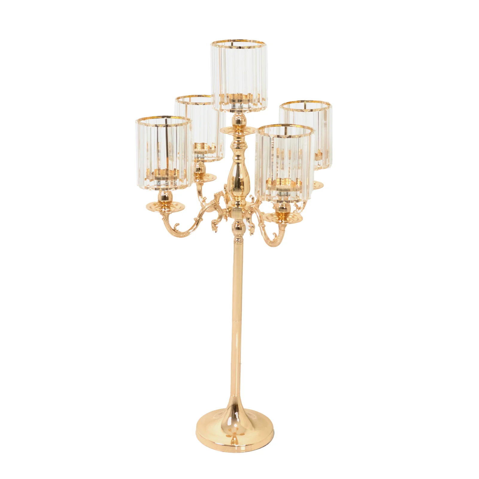 5-Arm Gold Metal Candelabra with Crystal Pendant Glass Shades – 40" Tall Candle Holder for Pillar, LED, and Flameless Candles - Image 7