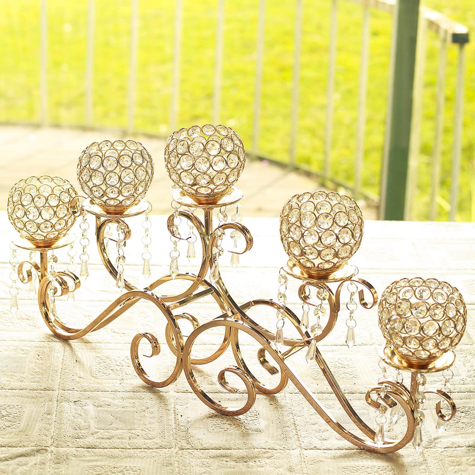 5-Arm Metal Candelabra 27" Horizontal Design with Crystal Goblets Gold - Table Centerpiece for Events - Image 3