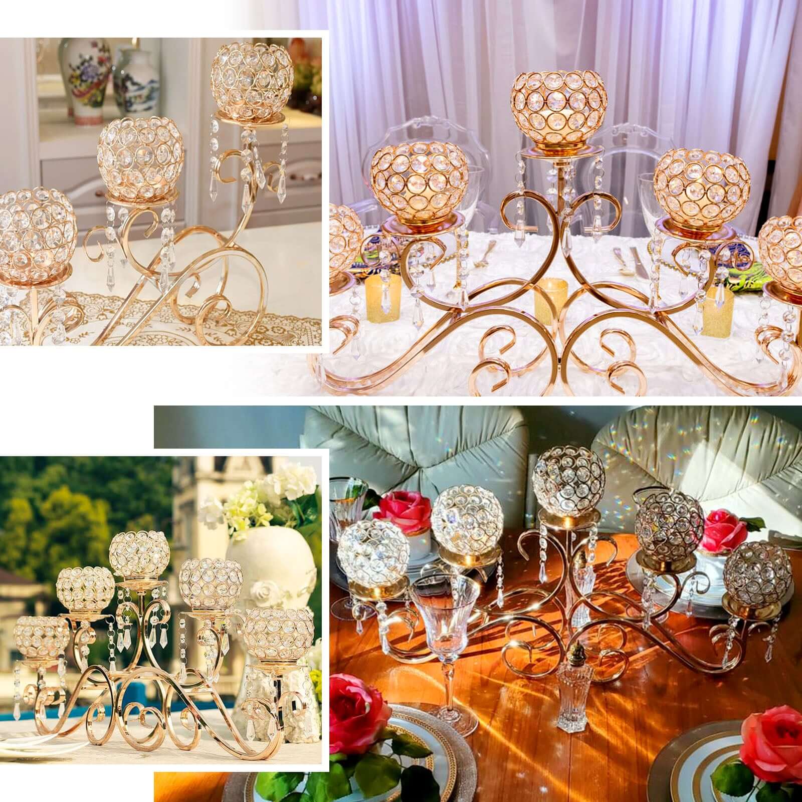 5-Arm Metal Candelabra 27" Horizontal Design with Crystal Goblets Gold - Table Centerpiece for Events - Image 6