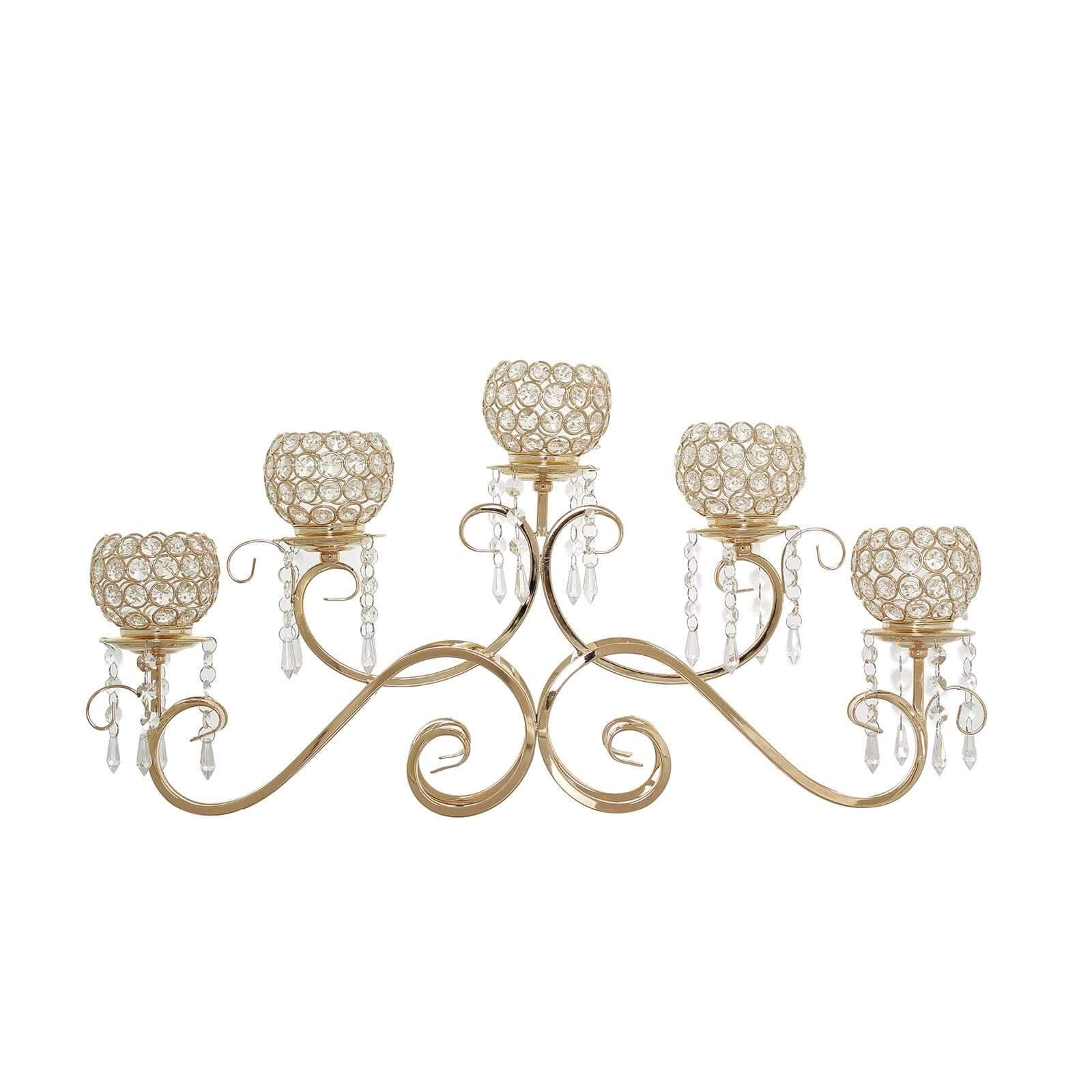 5-Arm Metal Candelabra 27" Horizontal Design with Crystal Goblets Gold - Table Centerpiece for Events - Image 8