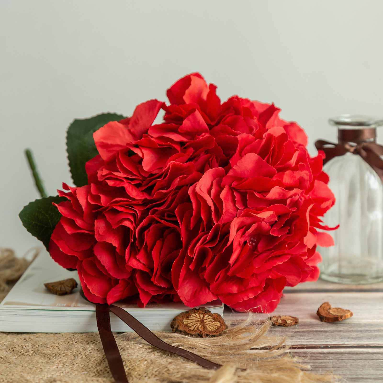 5 Bushes Red Artificial Silk Hydrangea Flower Bouquets - Image 7