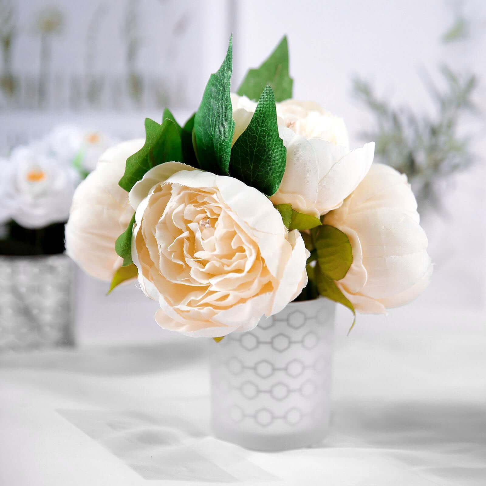 Beige Artificial Silk Peony Bouquet – 5 Flower Heads, Peony Floral Spray - Image 8