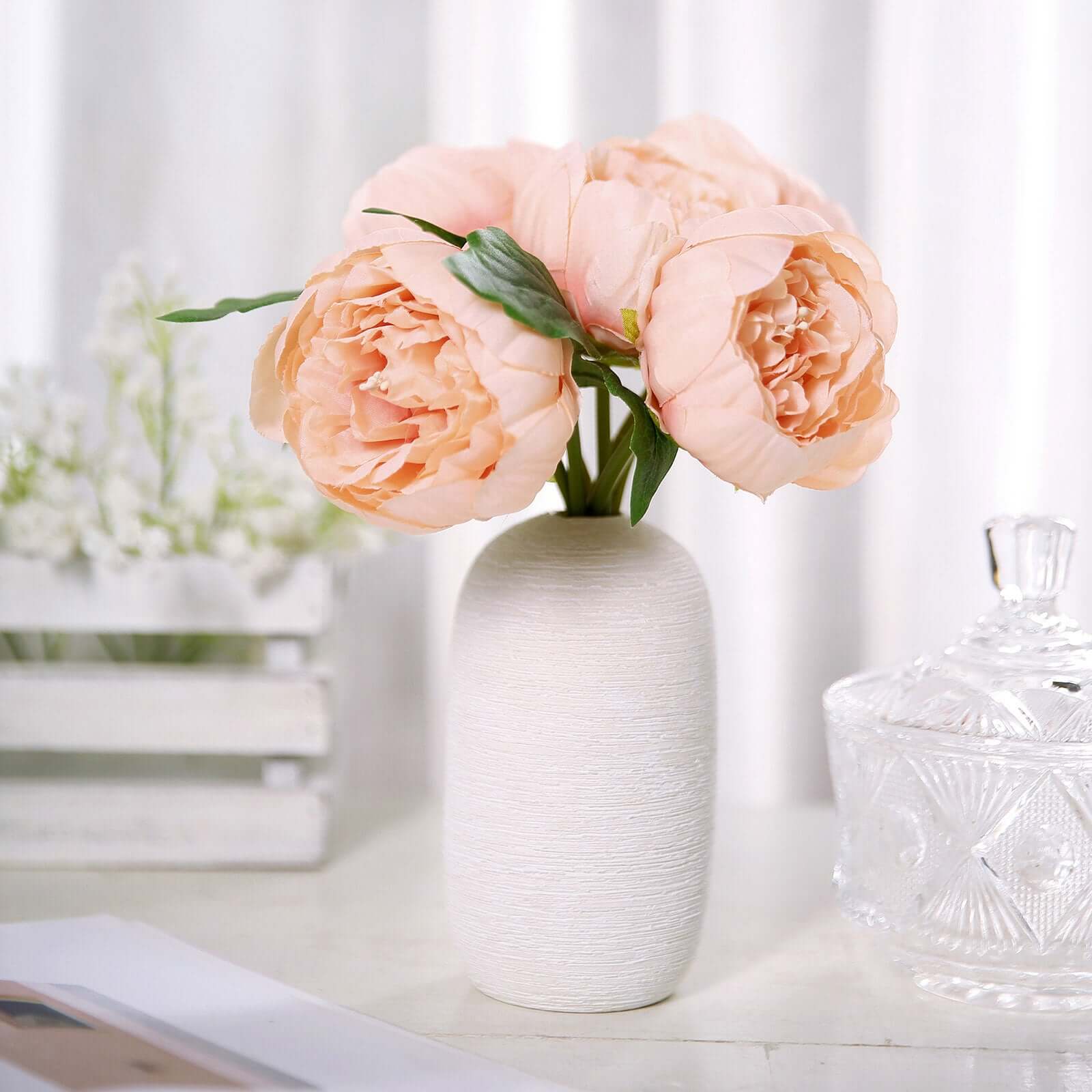 Peach Artificial Silk Peony Bouquet – 5 Flower Heads, Peony Floral Spray - Image 11