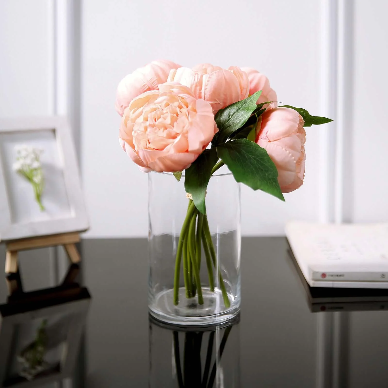 Peach Artificial Silk Peony Bouquet – 5 Flower Heads, Peony Floral Spray - Image 13